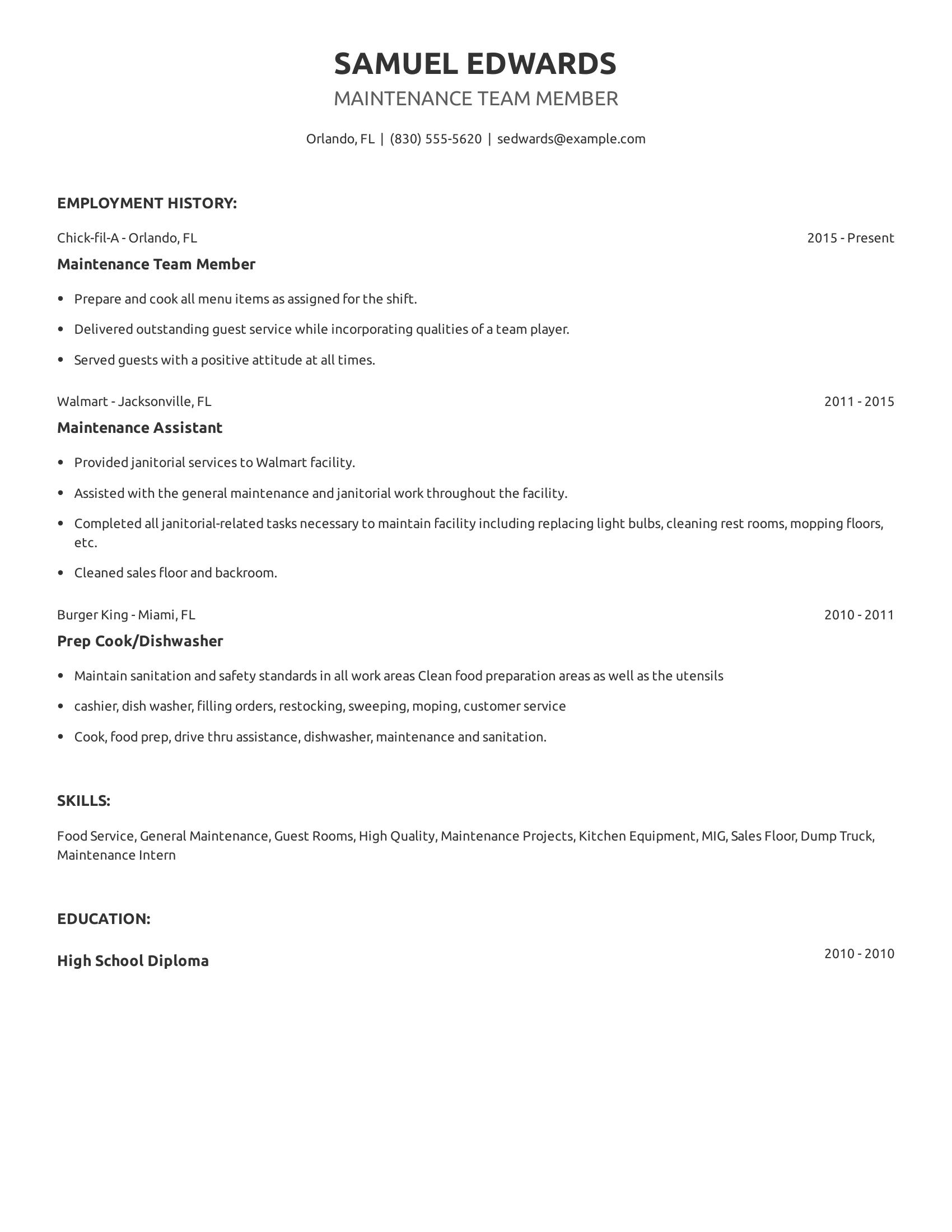 Maintenance Team Member resume example