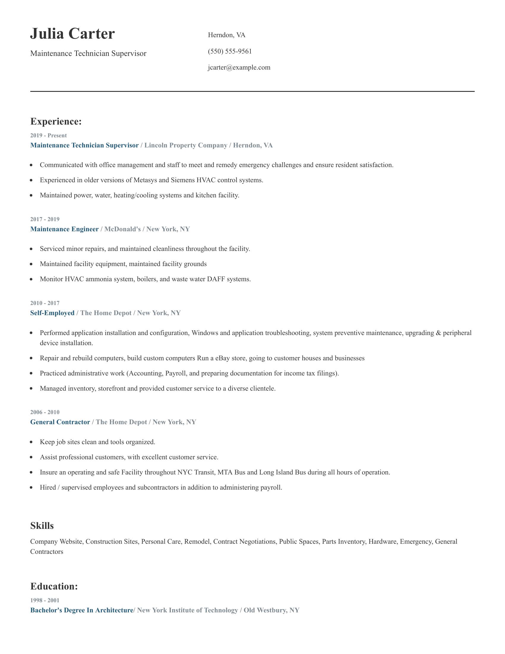 Maintenance Technician Supervisor resume example