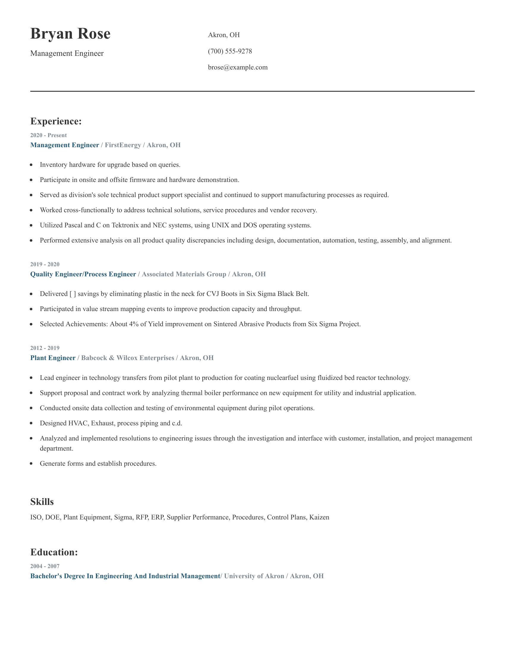 Management Engineer resume example