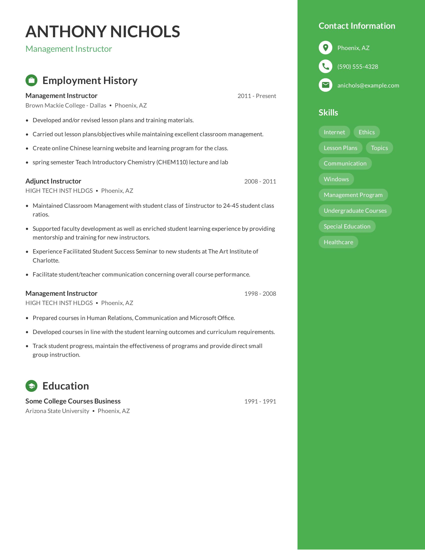 Management Instructor resume example