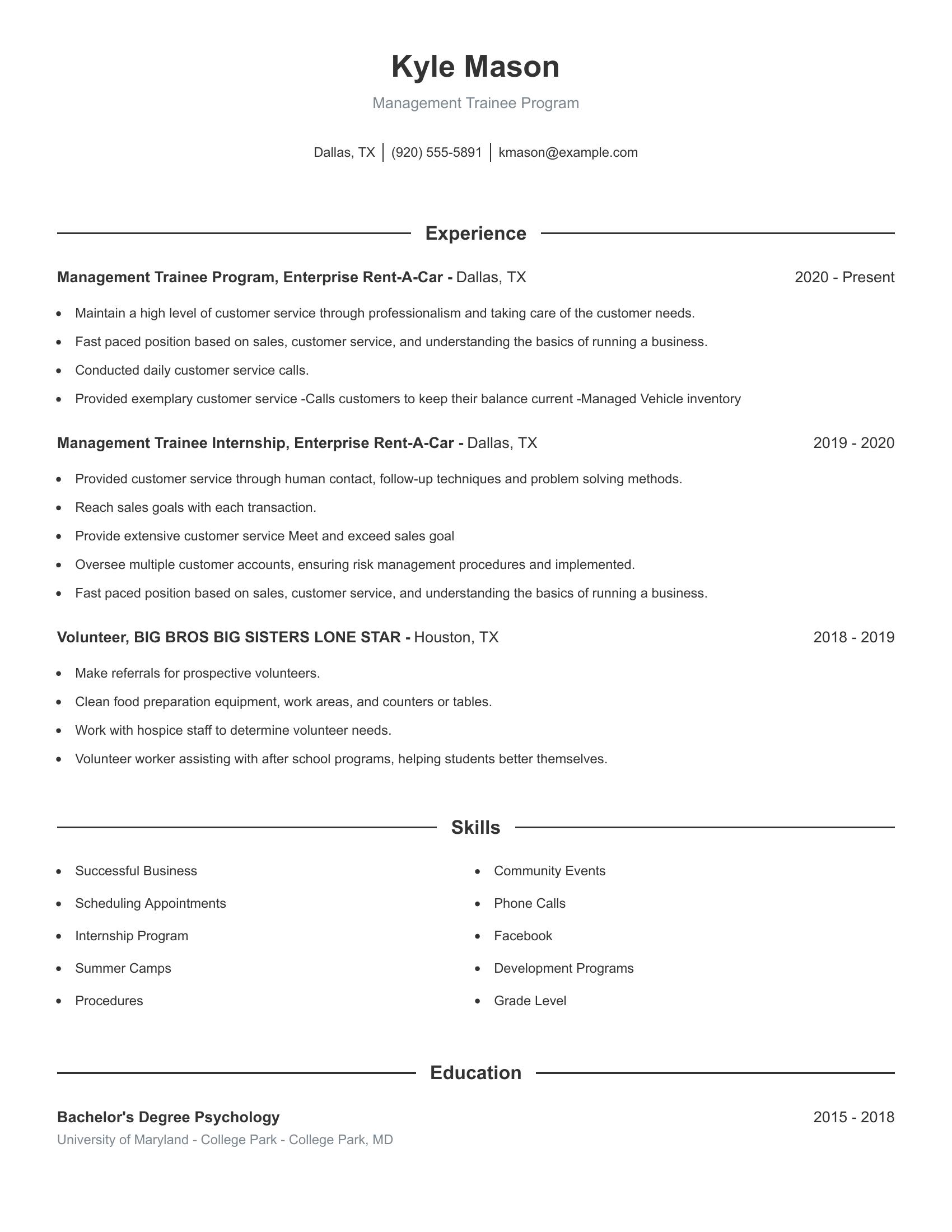 Management Trainee Program resume example