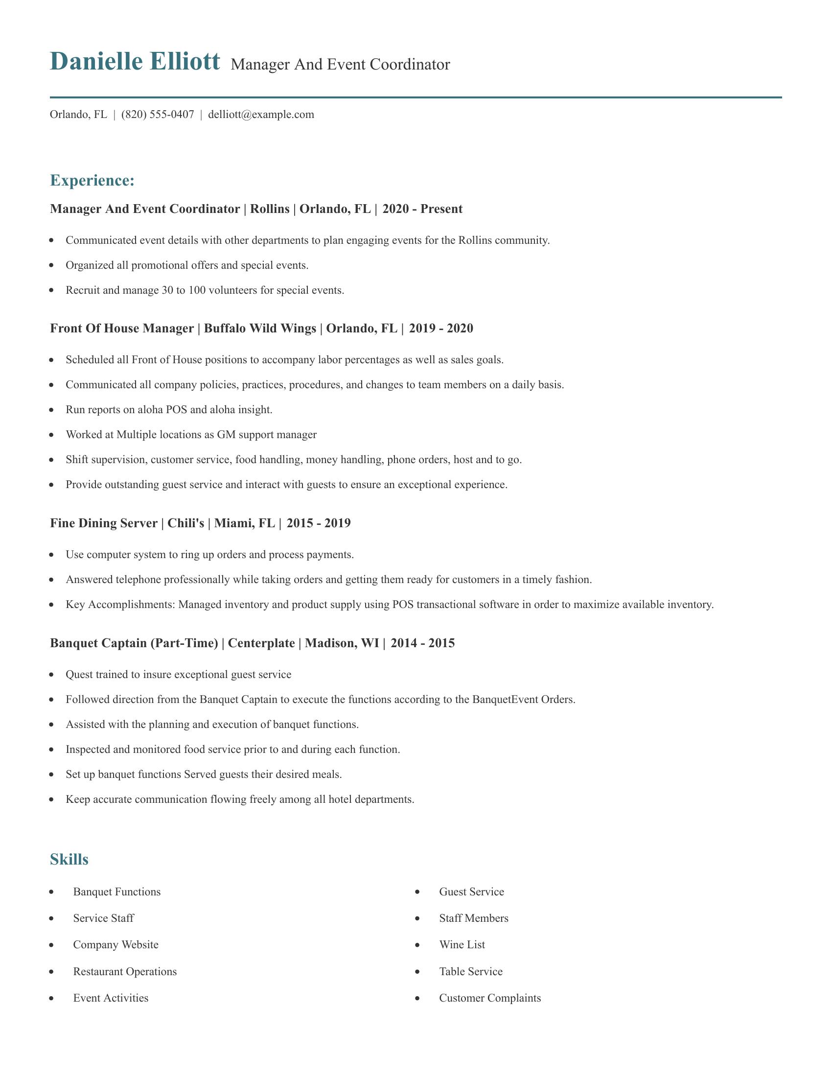 Manager And Event Coordinator resume example