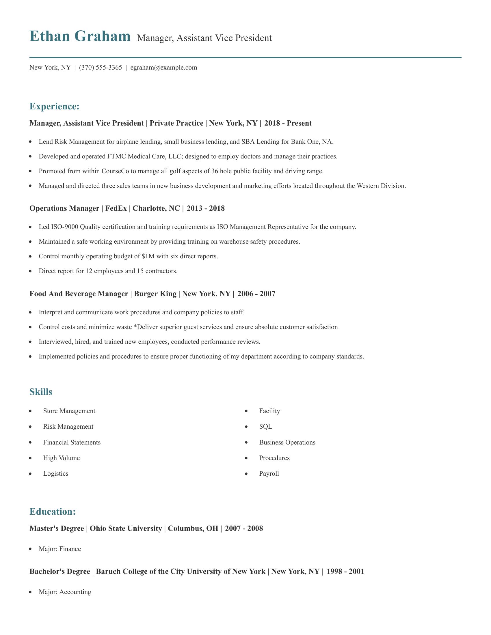 Manager, Assistant Vice President resume example