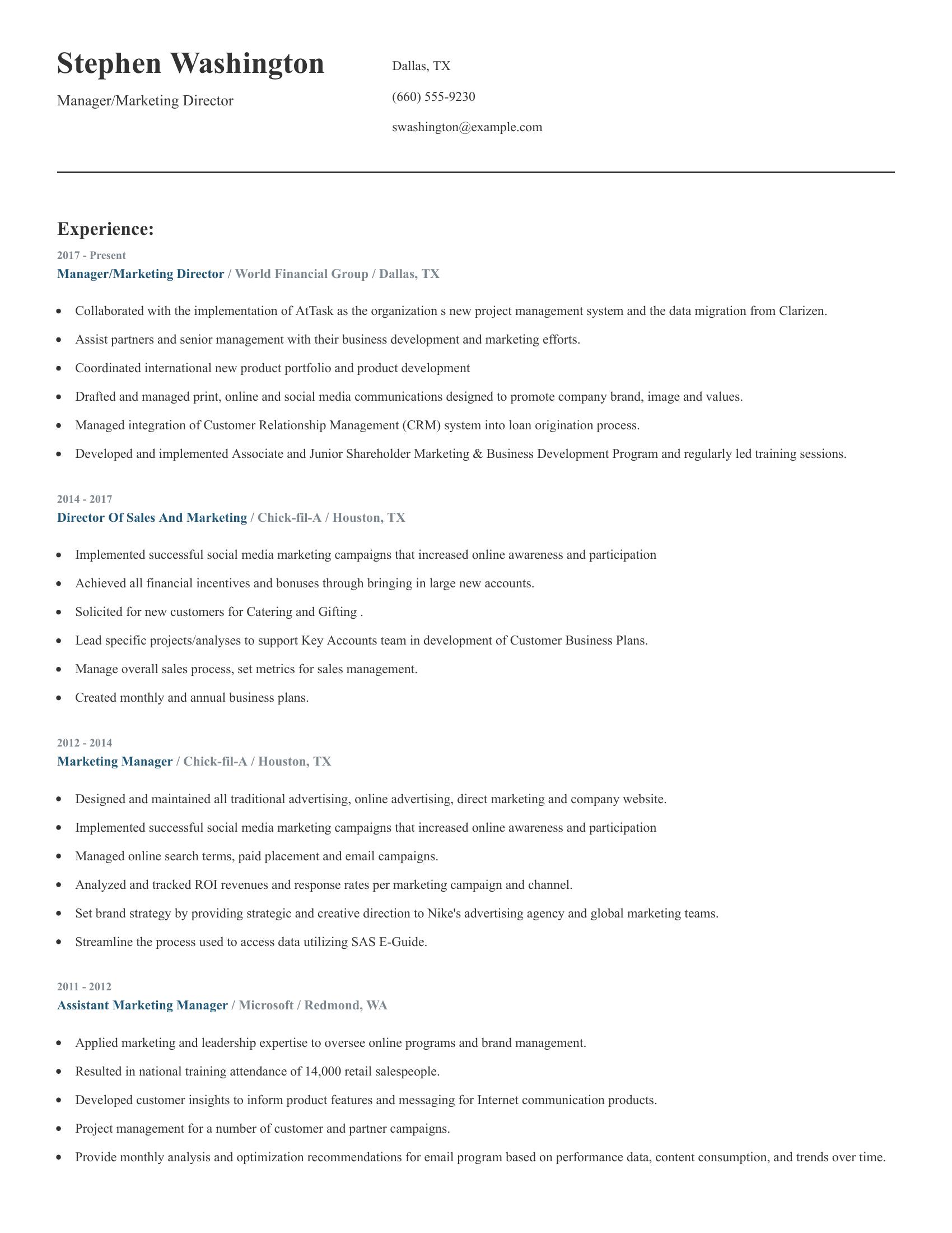 Manager/Marketing Director resume example