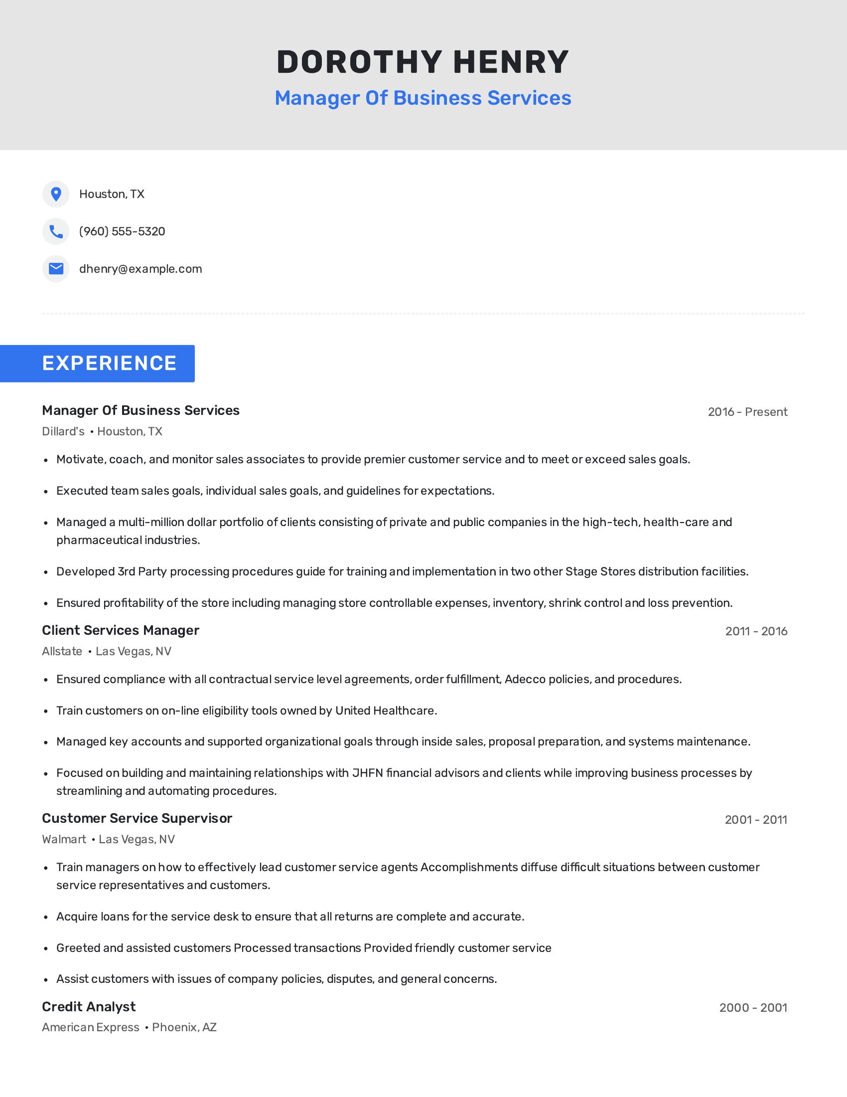 Manager Of Business Services resume example