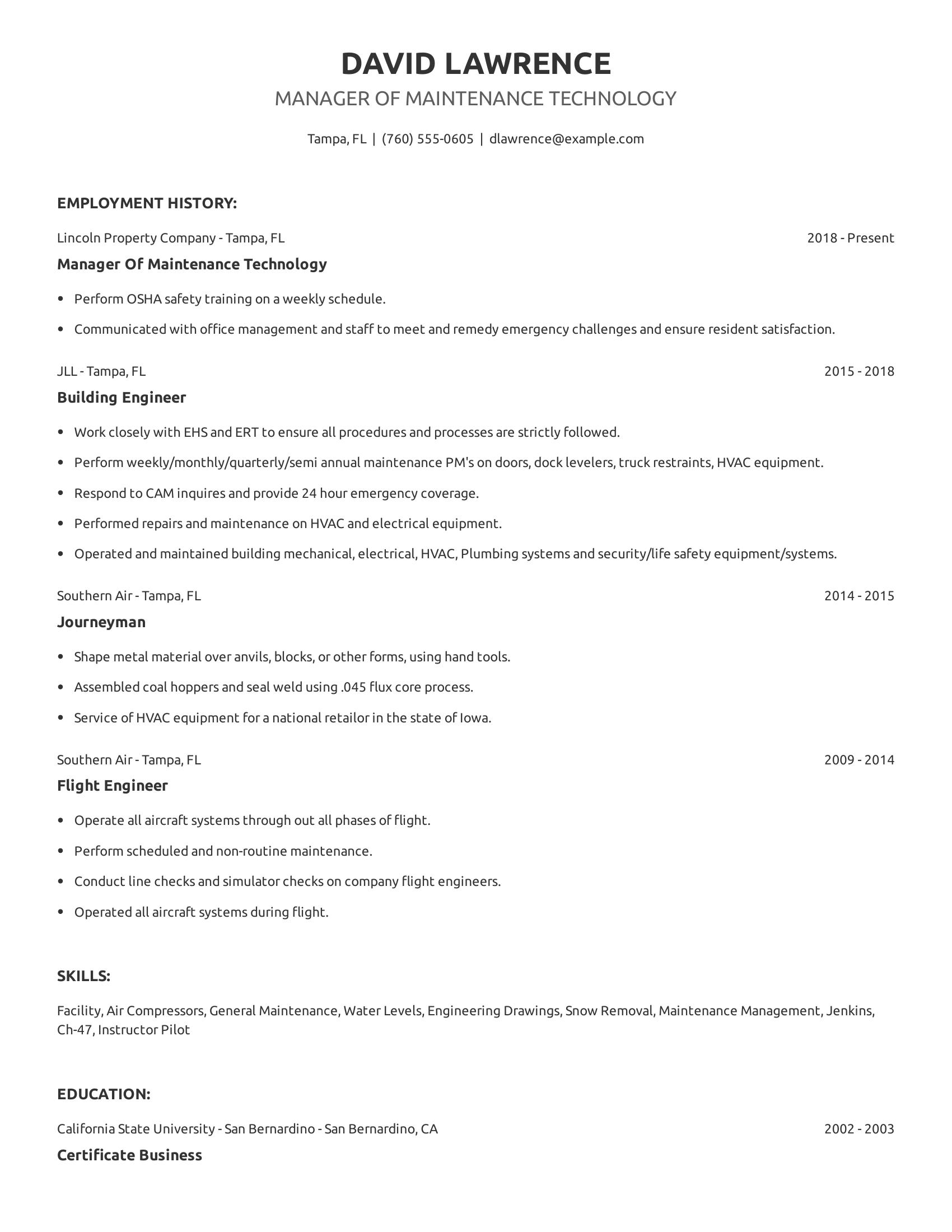 Manager Of Maintenance Technology resume example