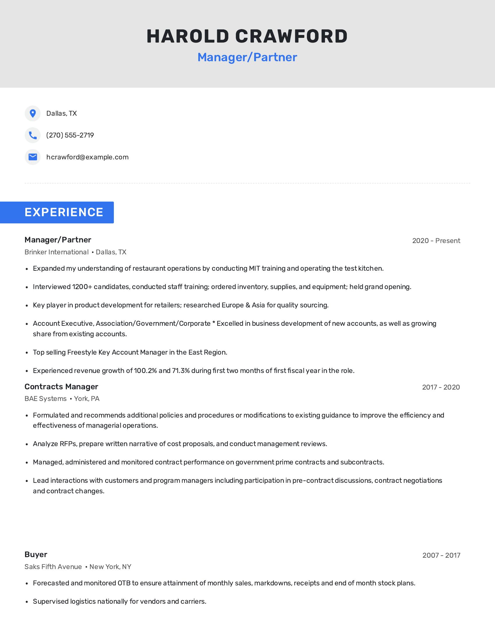 Manager/Partner resume example