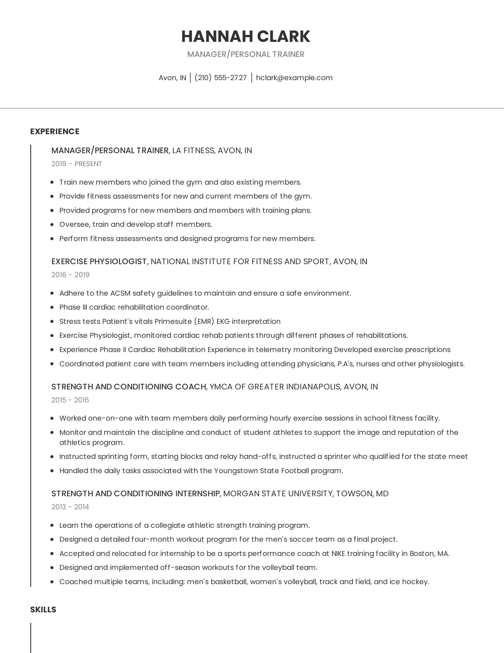 Manager/Personal Trainer resume example