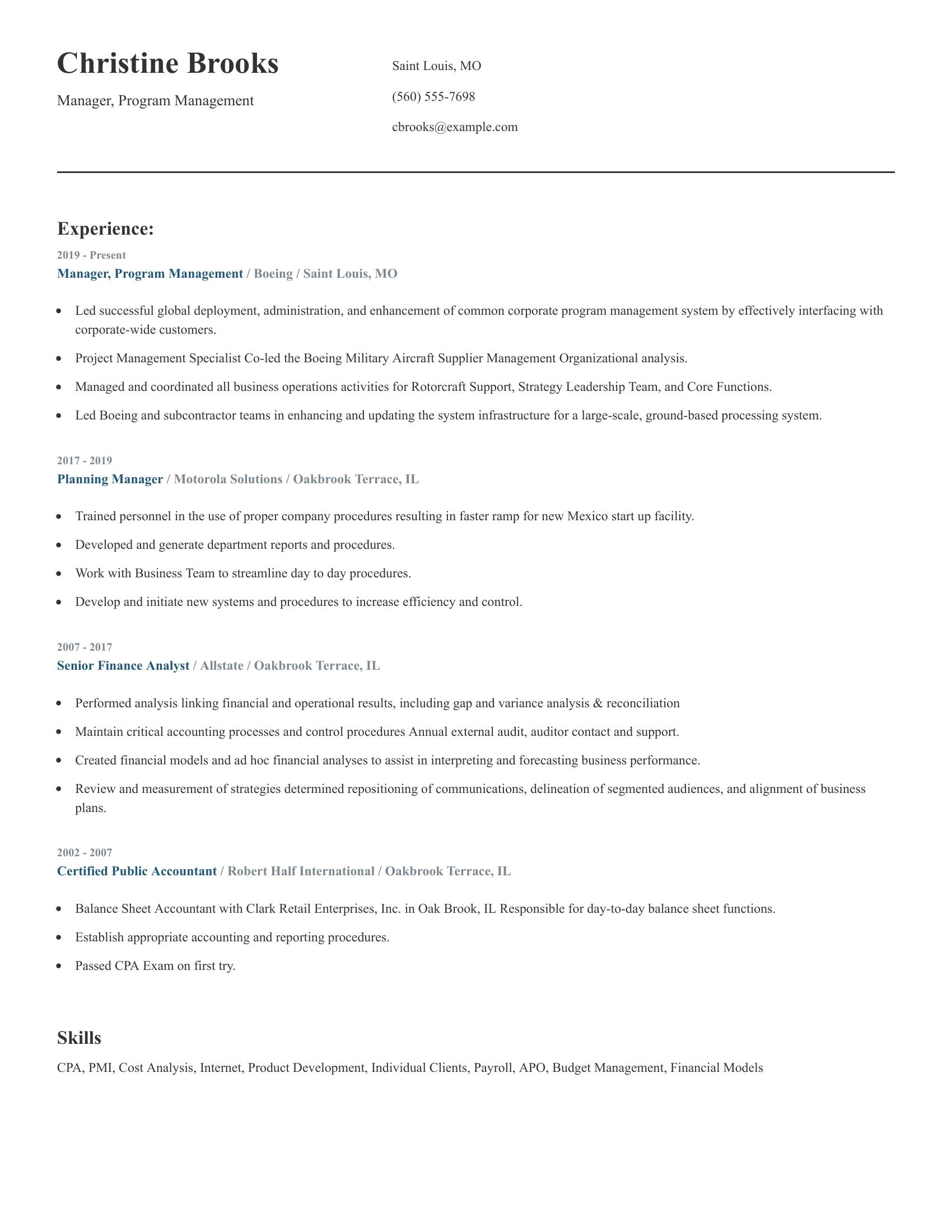 Manager, Program Management resume example