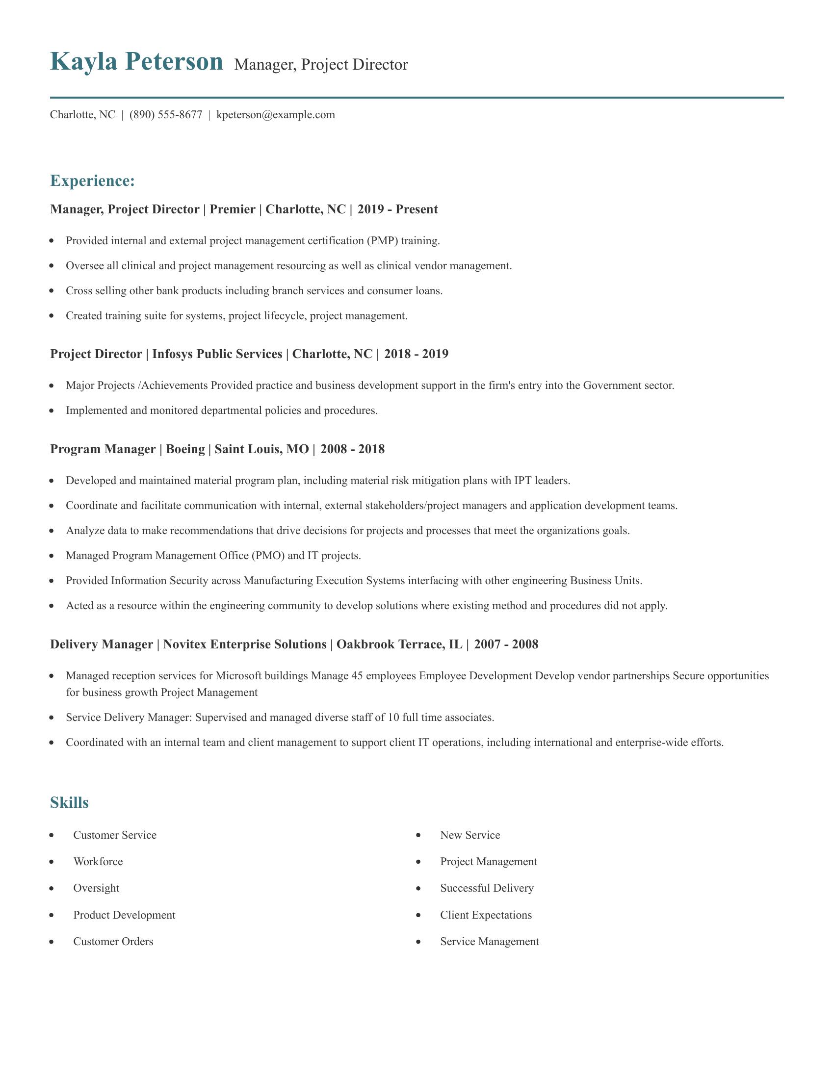 Manager, Project Director resume example