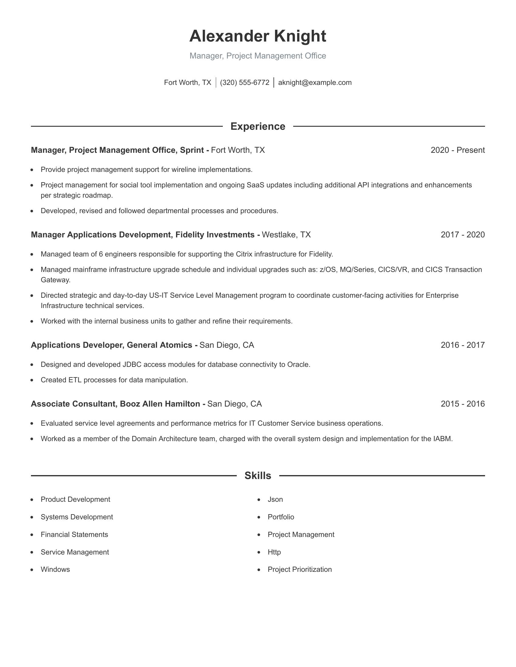 Manager, Project Management Office resume example