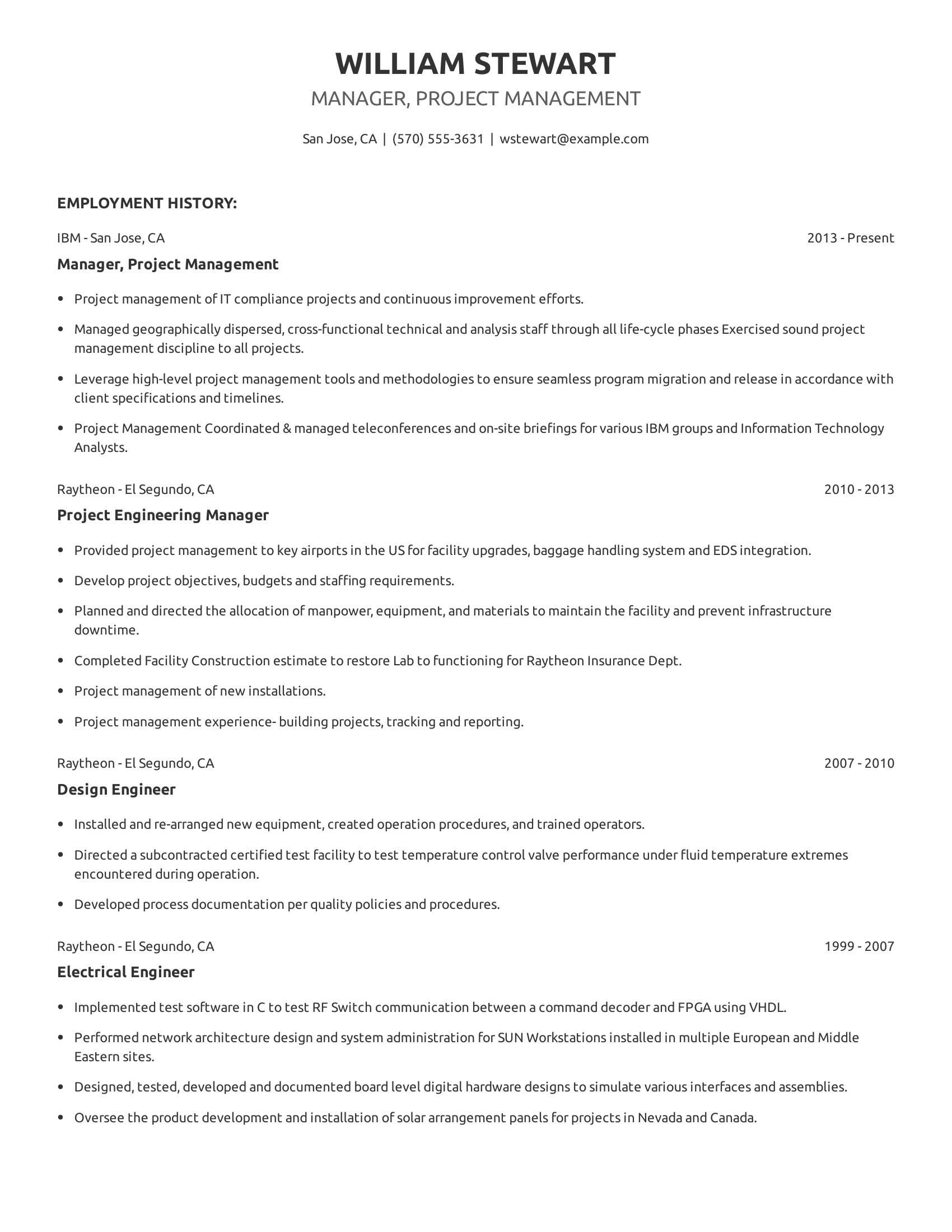 Manager, Project Management resume example