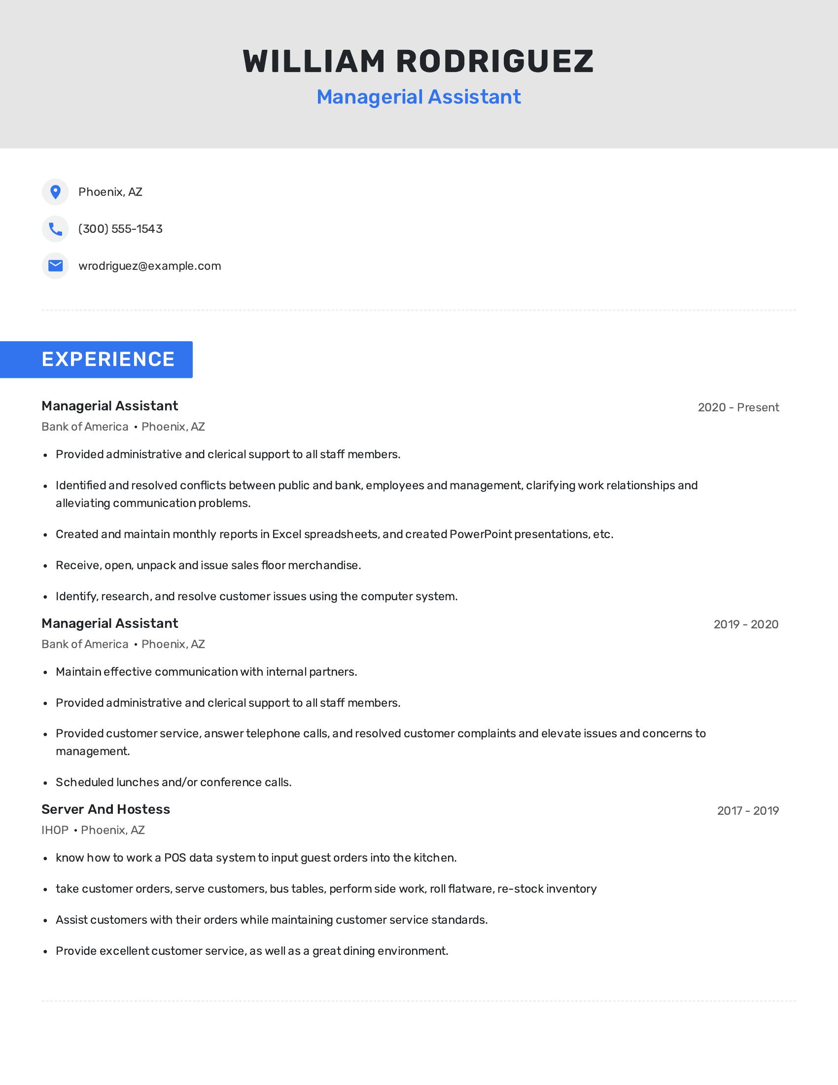 Managerial Assistant resume example