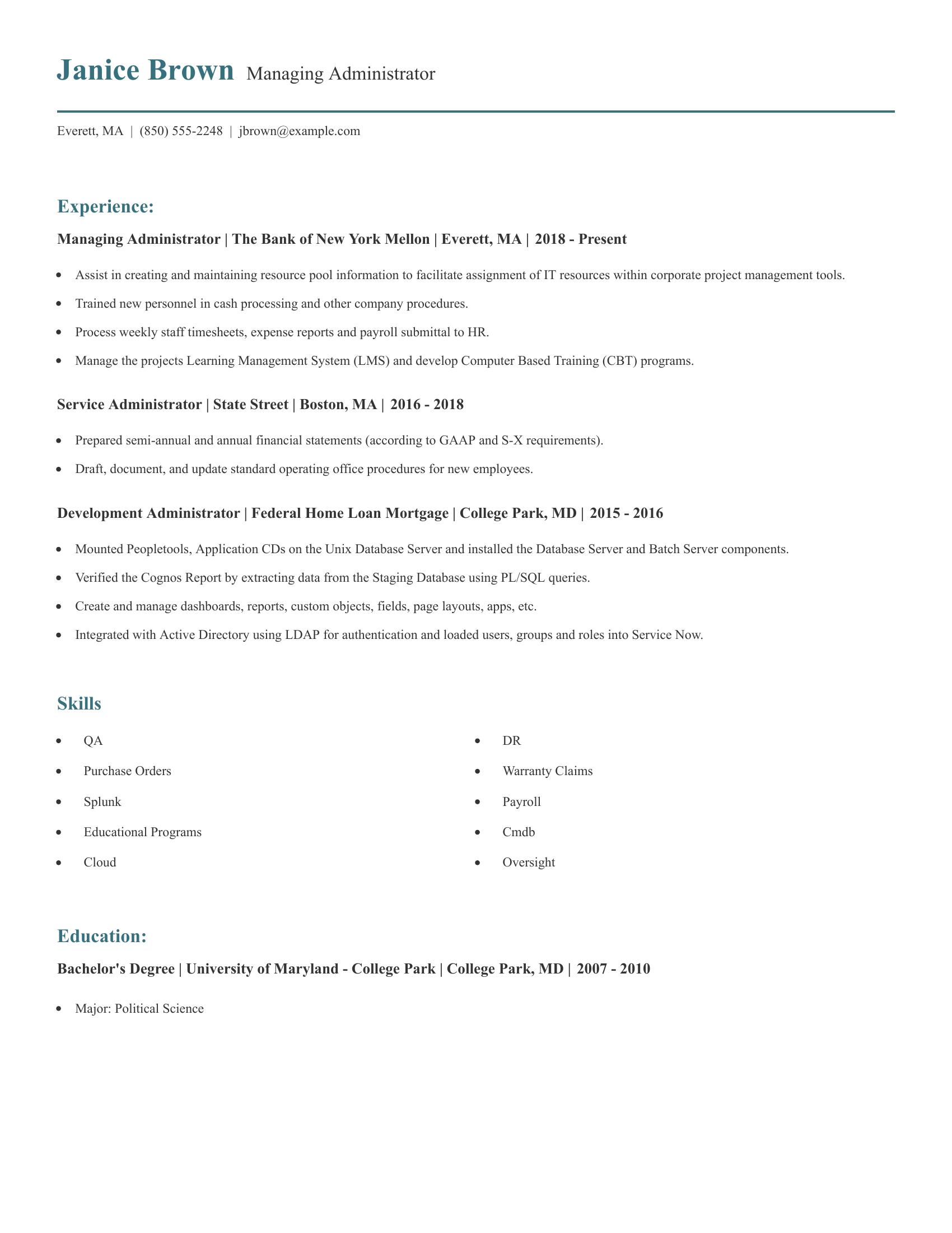 Managing Administrator resume example