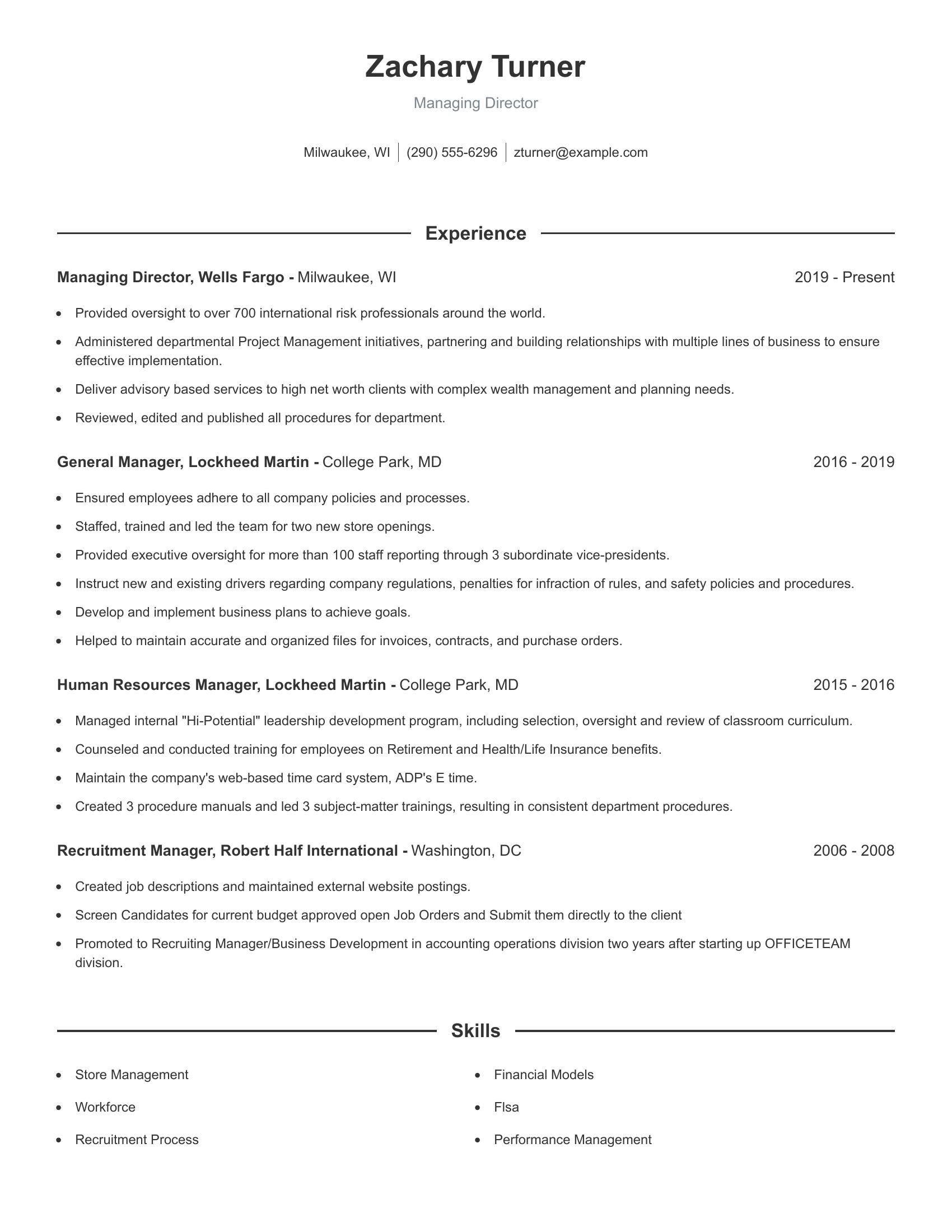 Managing Director resume example