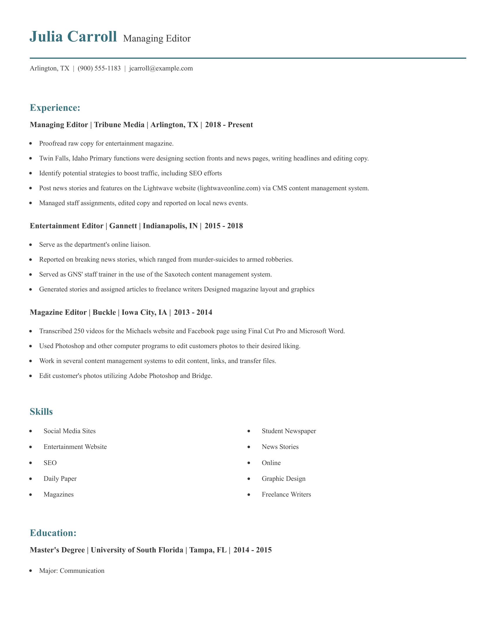 Managing Editor resume example