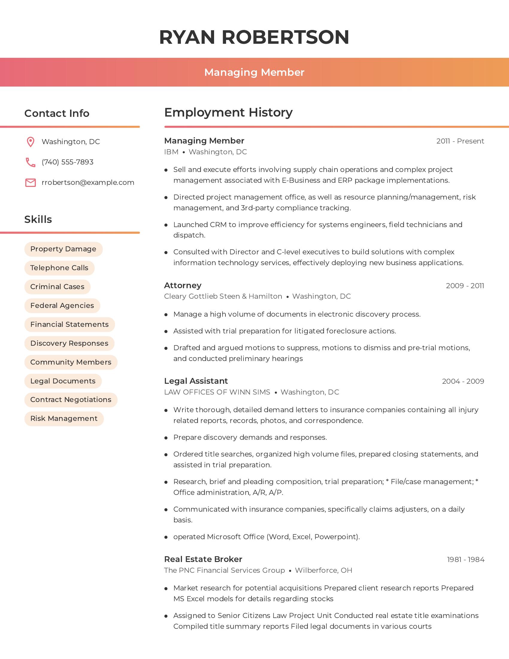 Managing Member resume example