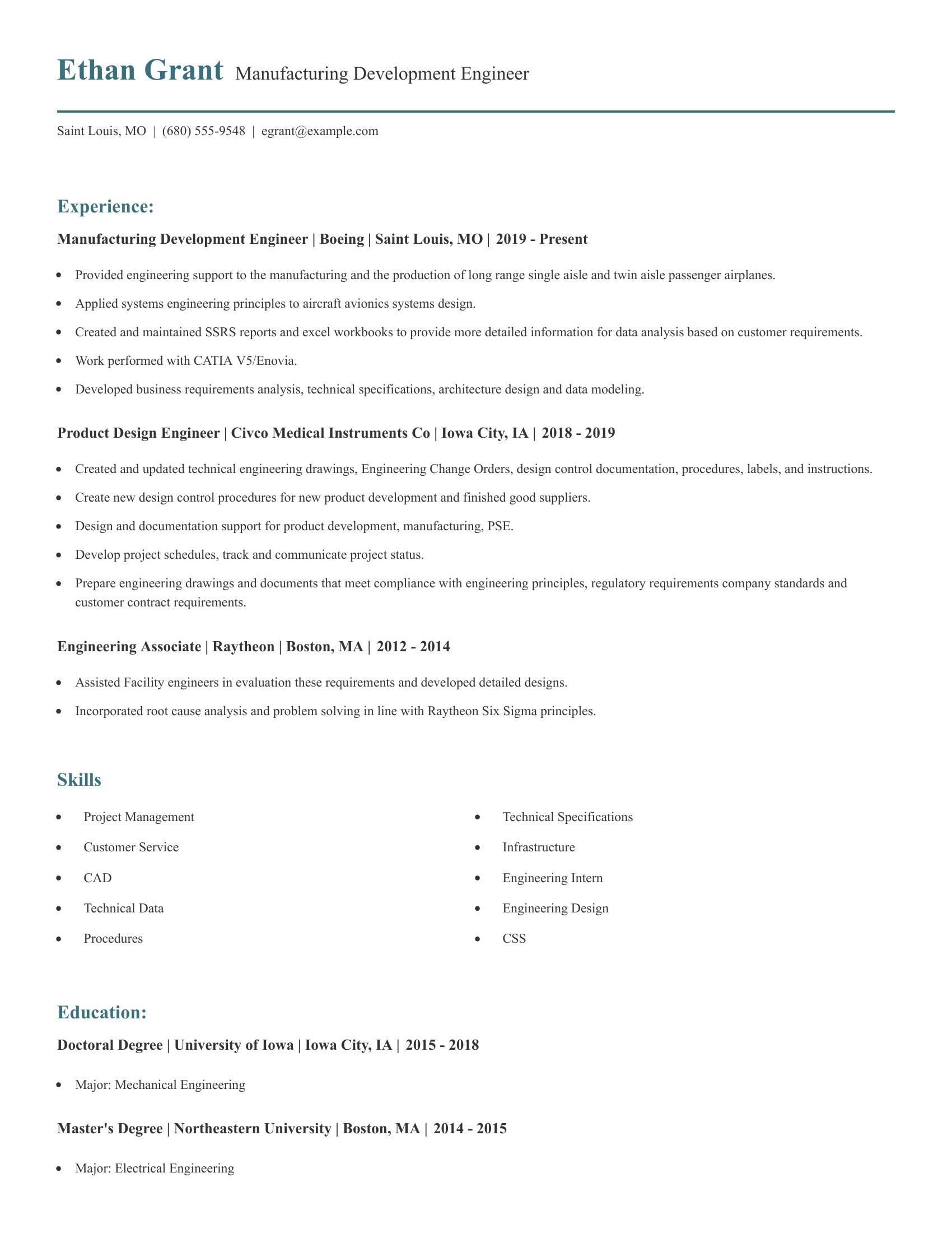 Manufacturing Development Engineer resume example