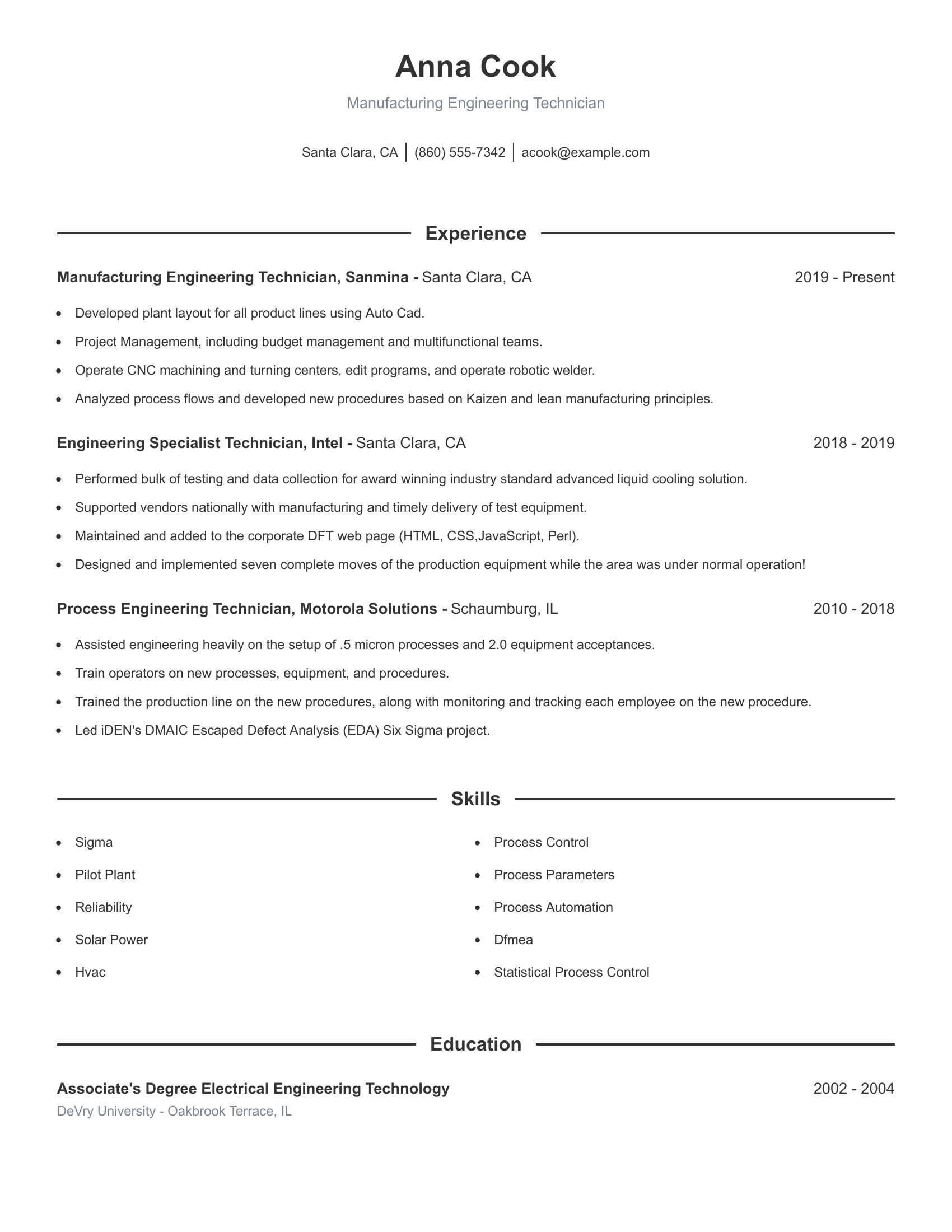 Manufacturing Engineering Technician resume example