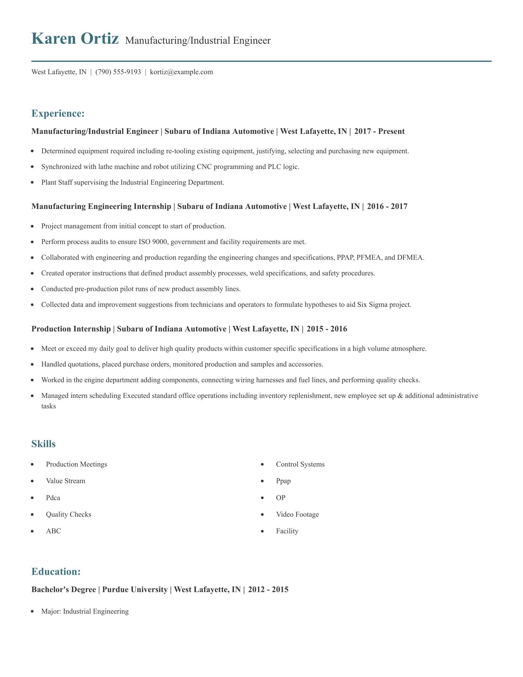 Manufacturing/Industrial Engineer resume example