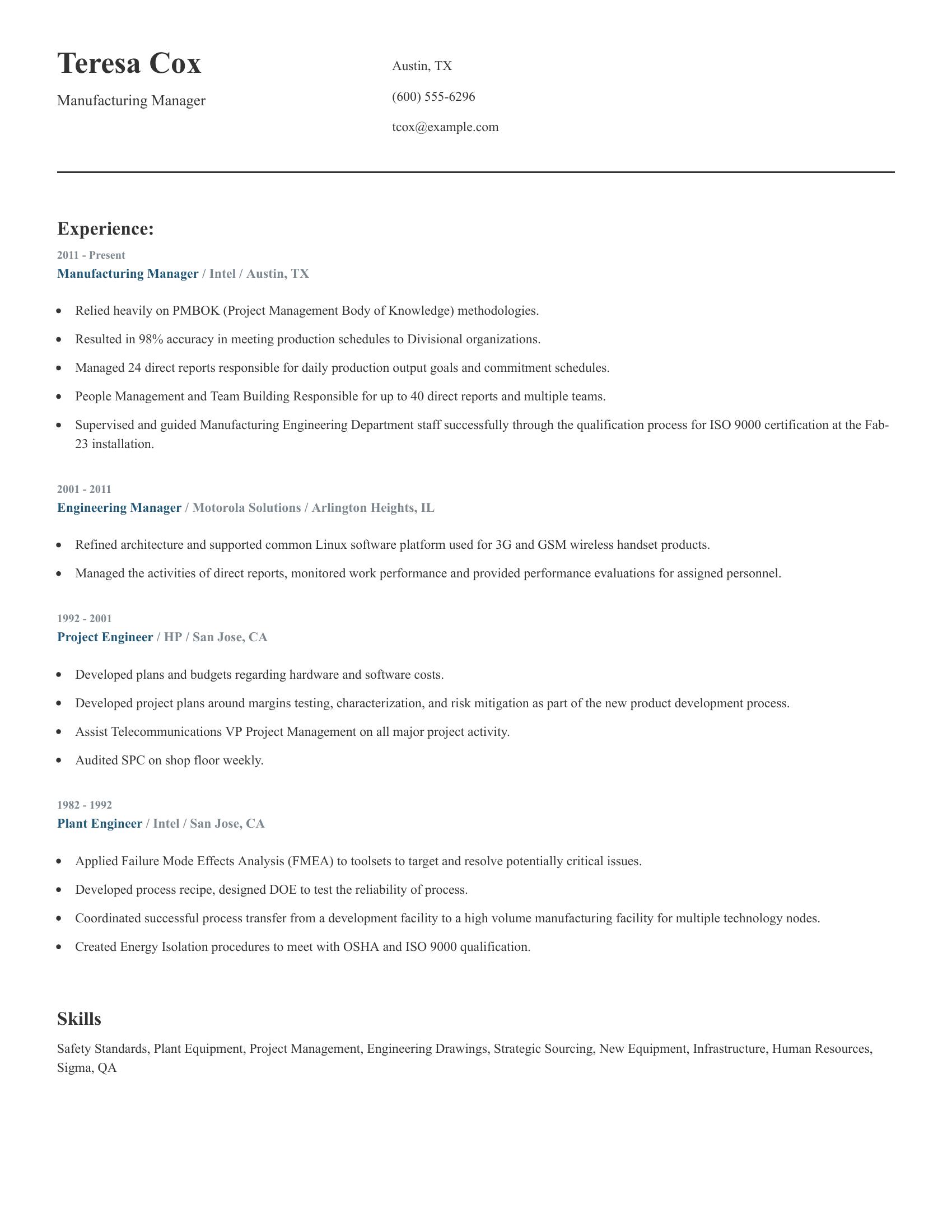 Manufacturing Manager resume example