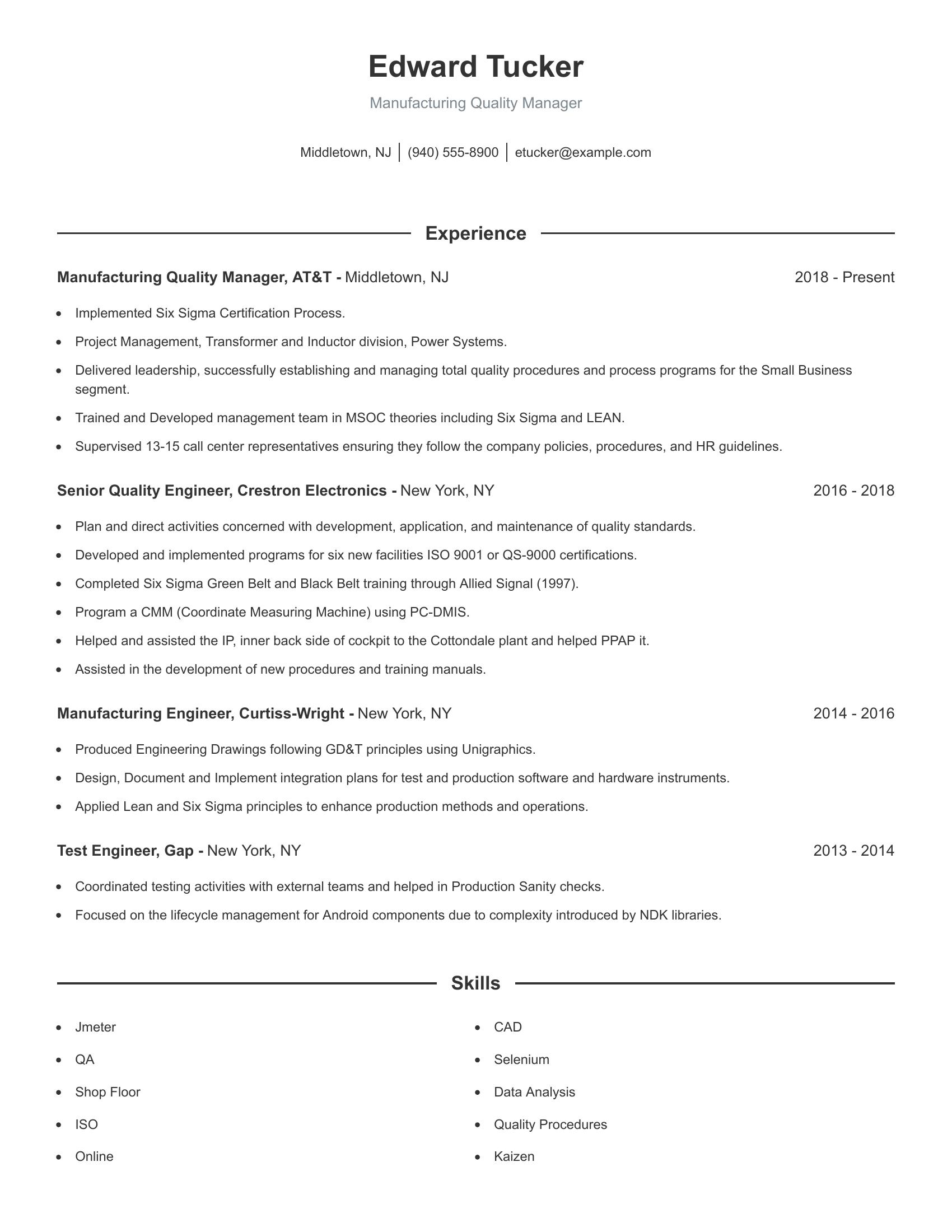 Manufacturing Quality Manager resume example