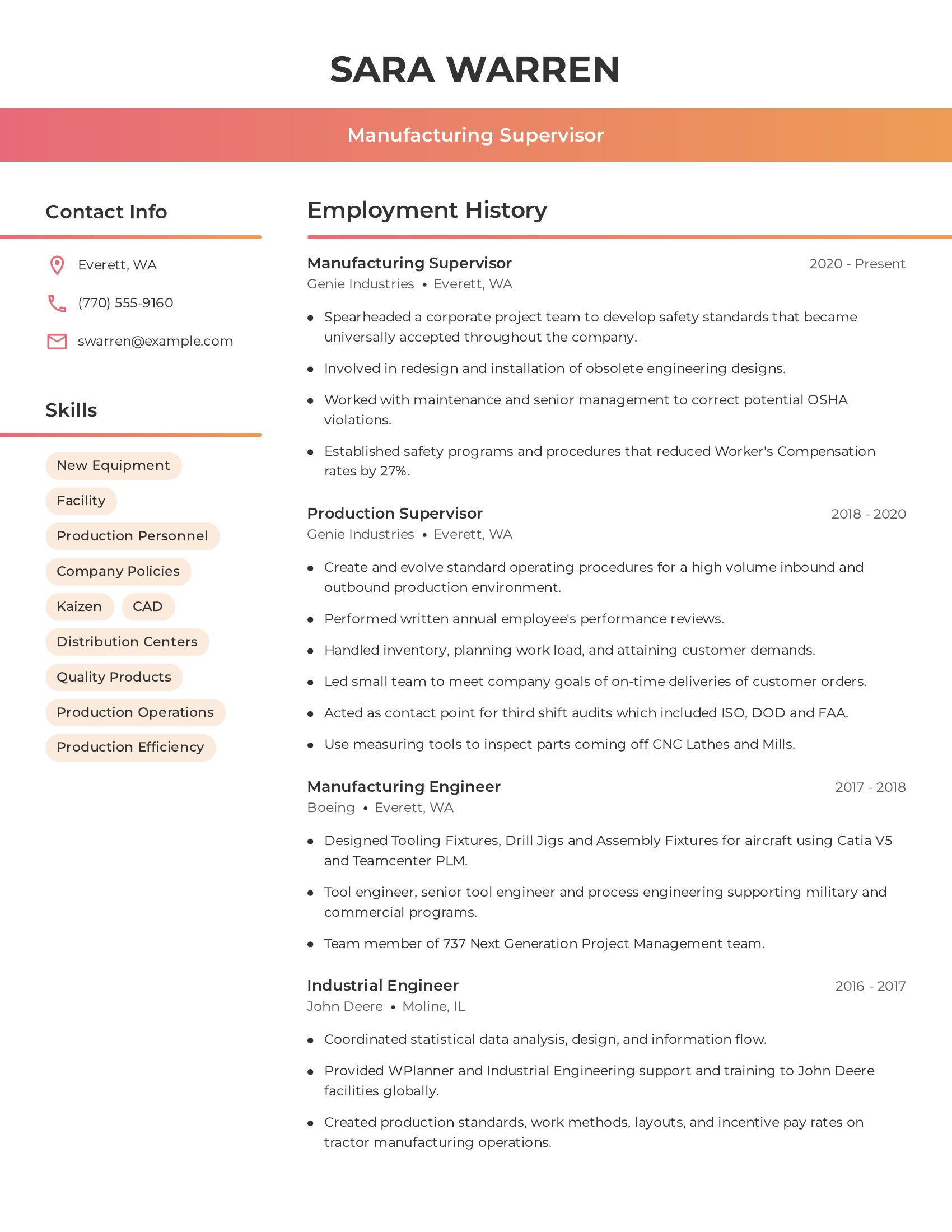 Manufacturing Supervisor resume example