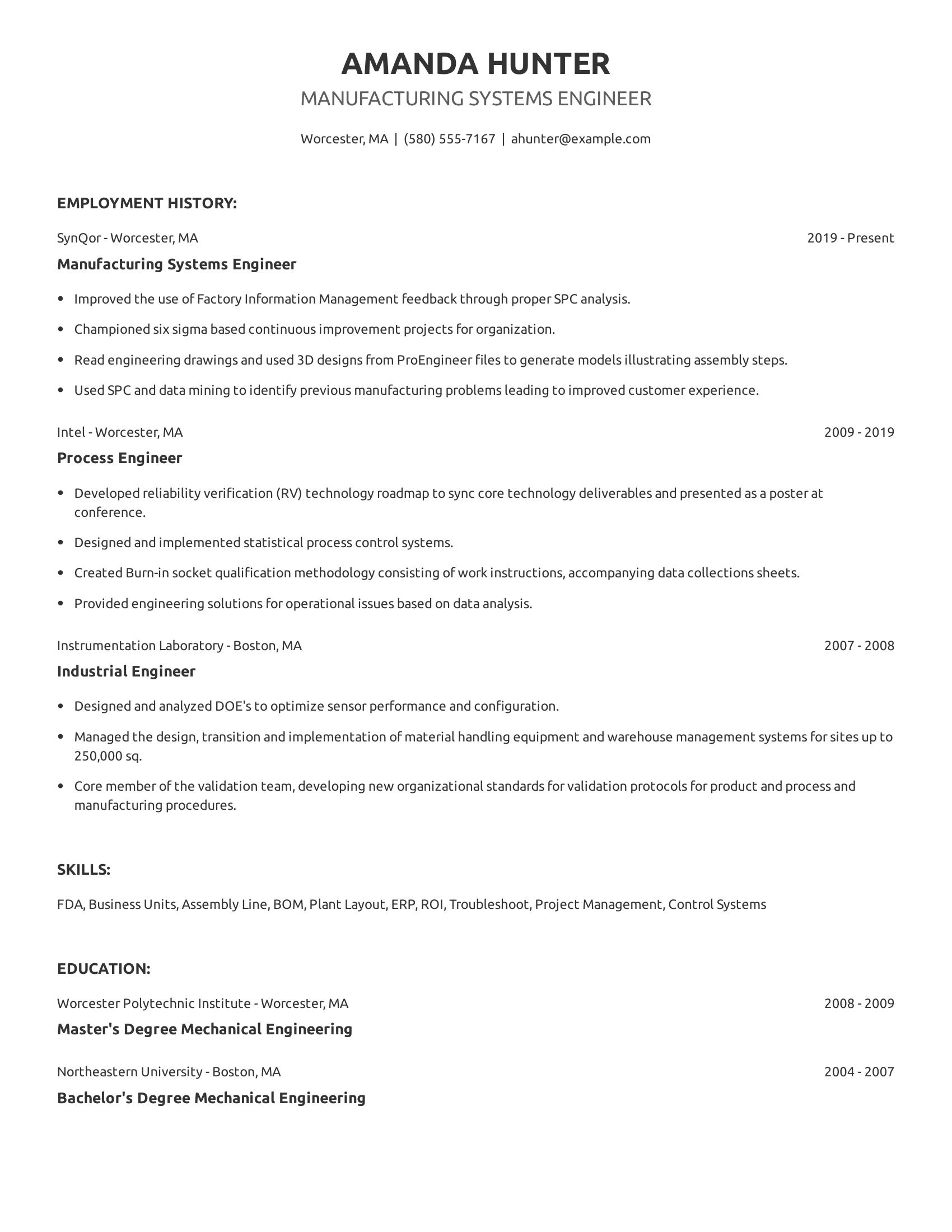 Manufacturing Systems Engineer resume example