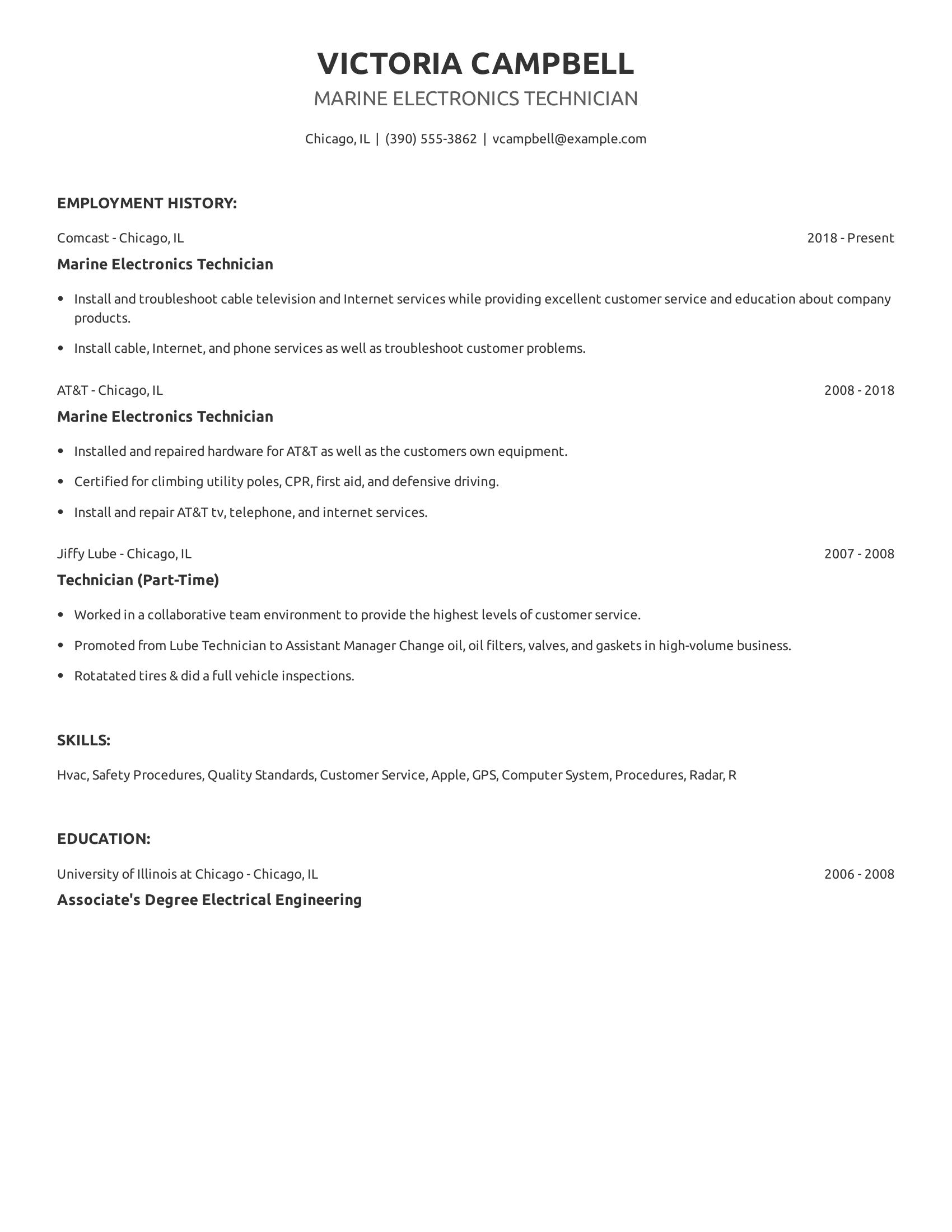 Marine Electronics Technician resume example