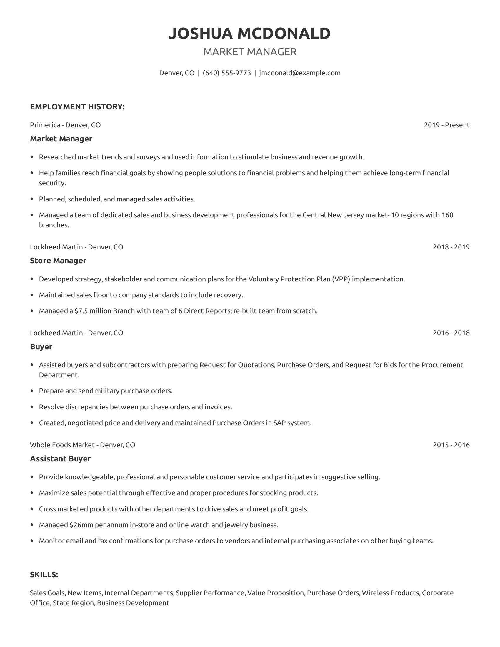 Market Manager resume example