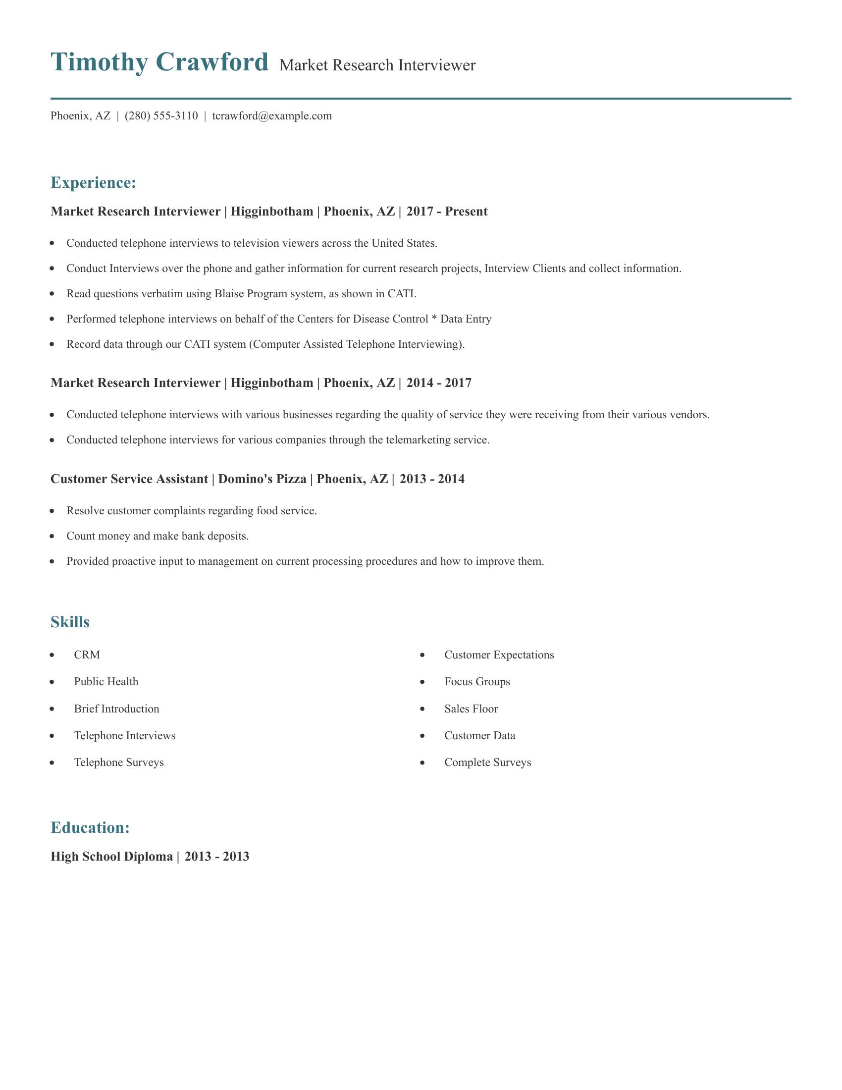 Market Research Interviewer resume example