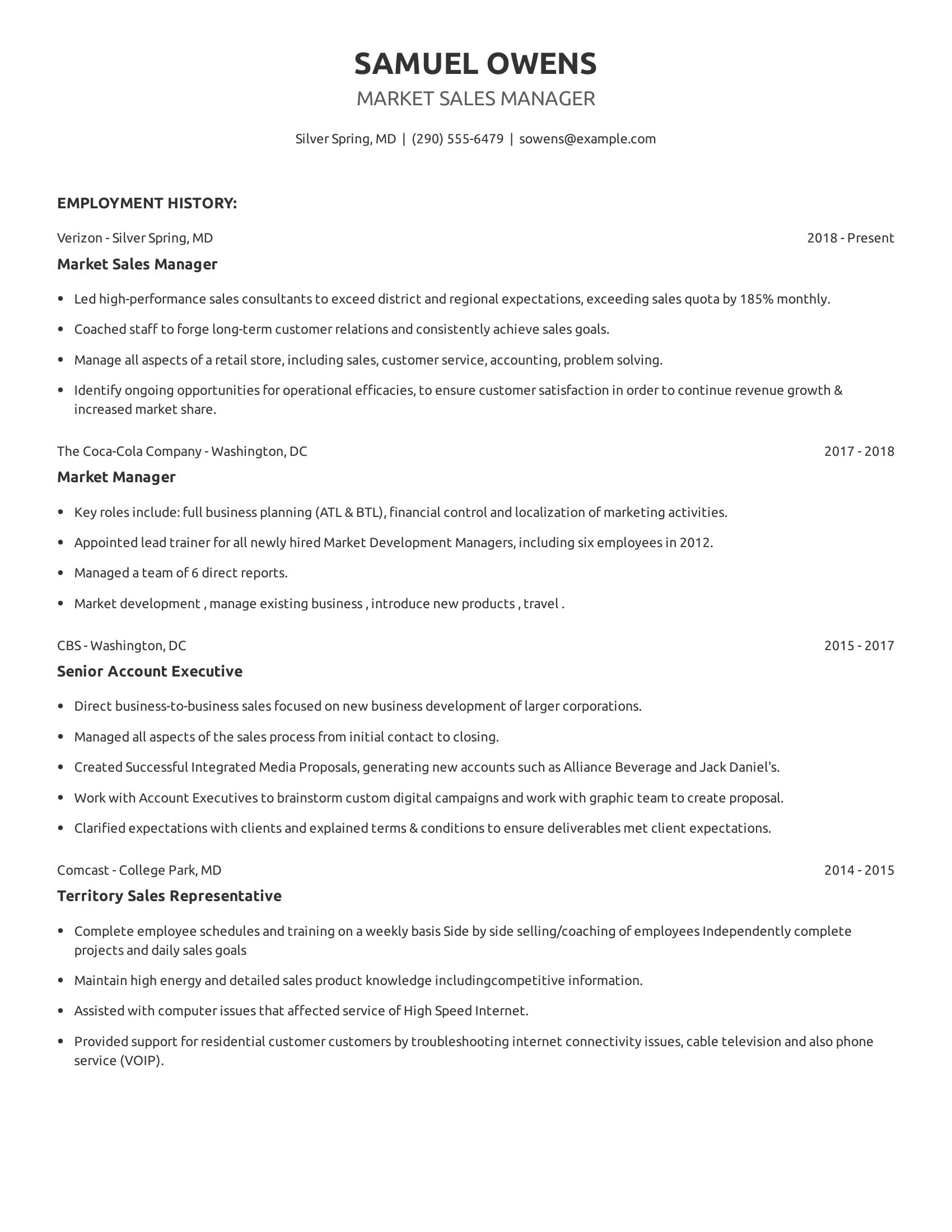 Market Sales Manager resume example