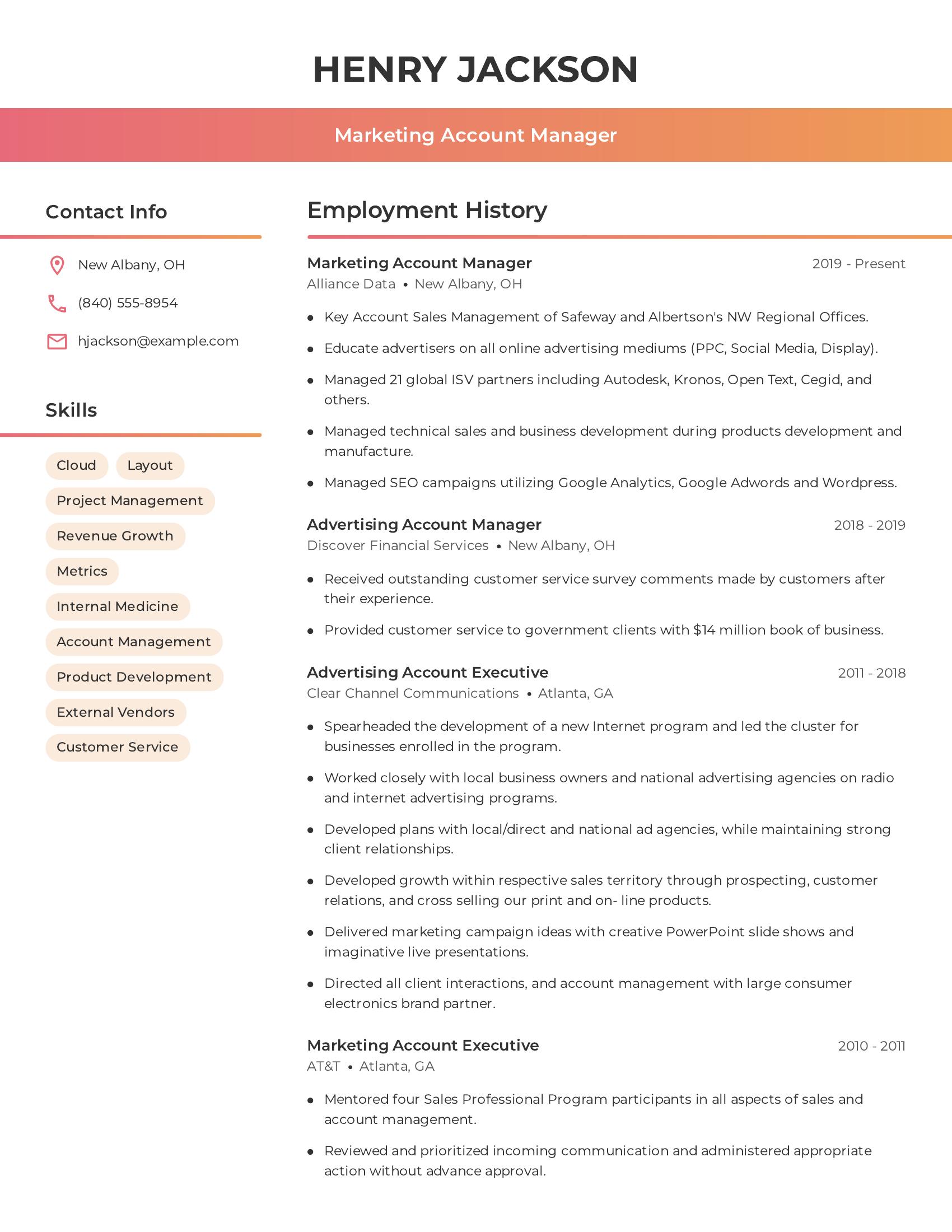 Marketing Account Manager resume example