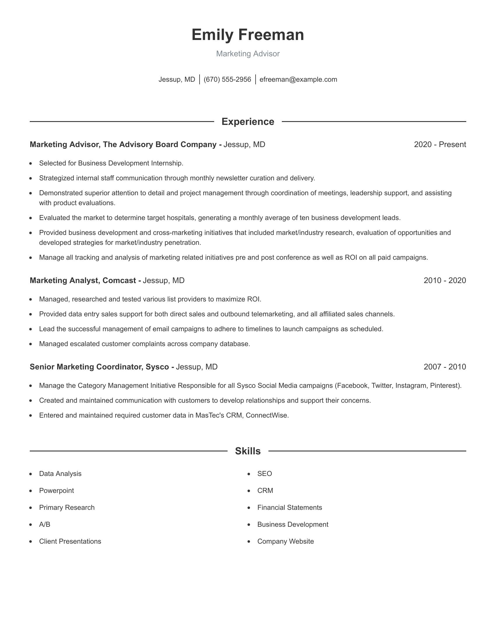 Marketing Advisor resume example