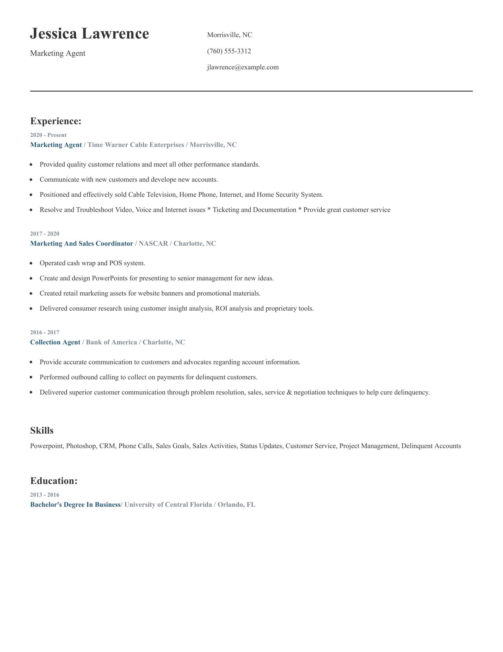 Marketing Agent resume example