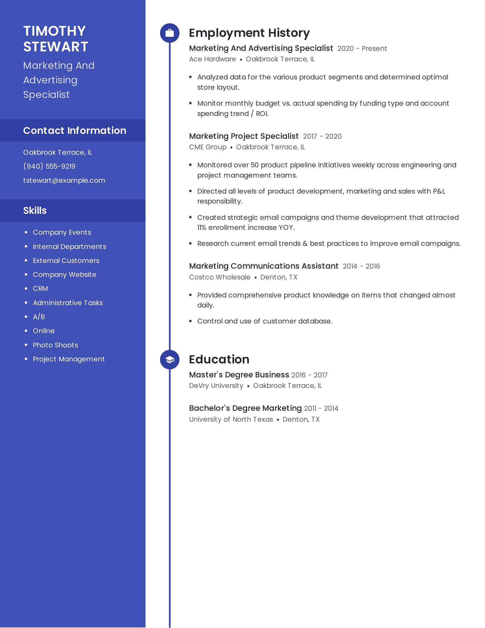 Marketing And Advertising Specialist resume example