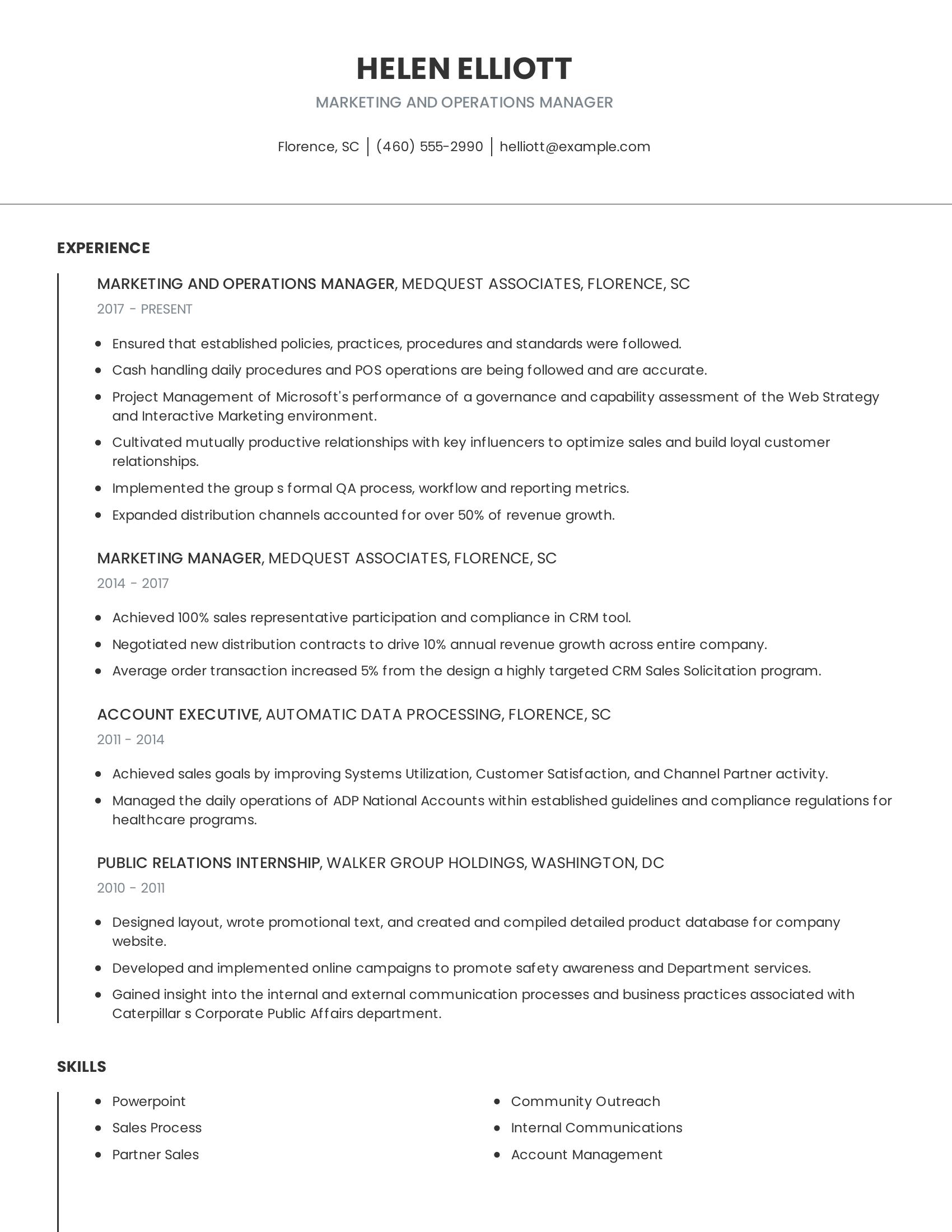 Marketing And Operations Manager resume example