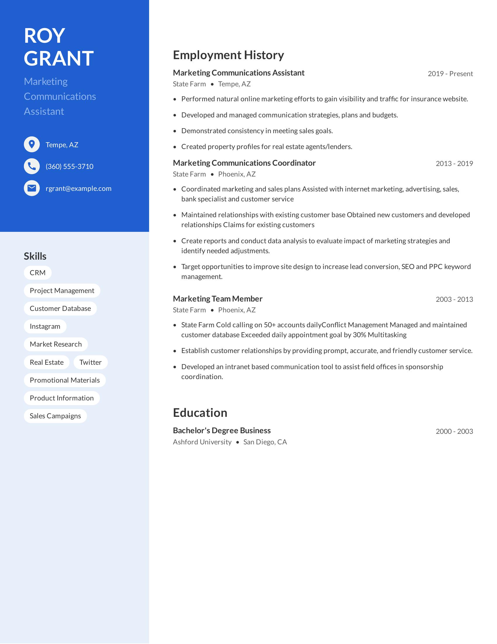 Marketing Communications Assistant resume example