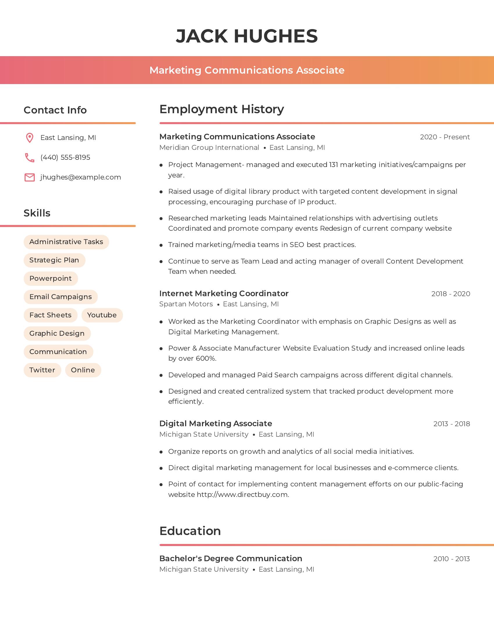 Marketing Communications Associate resume example