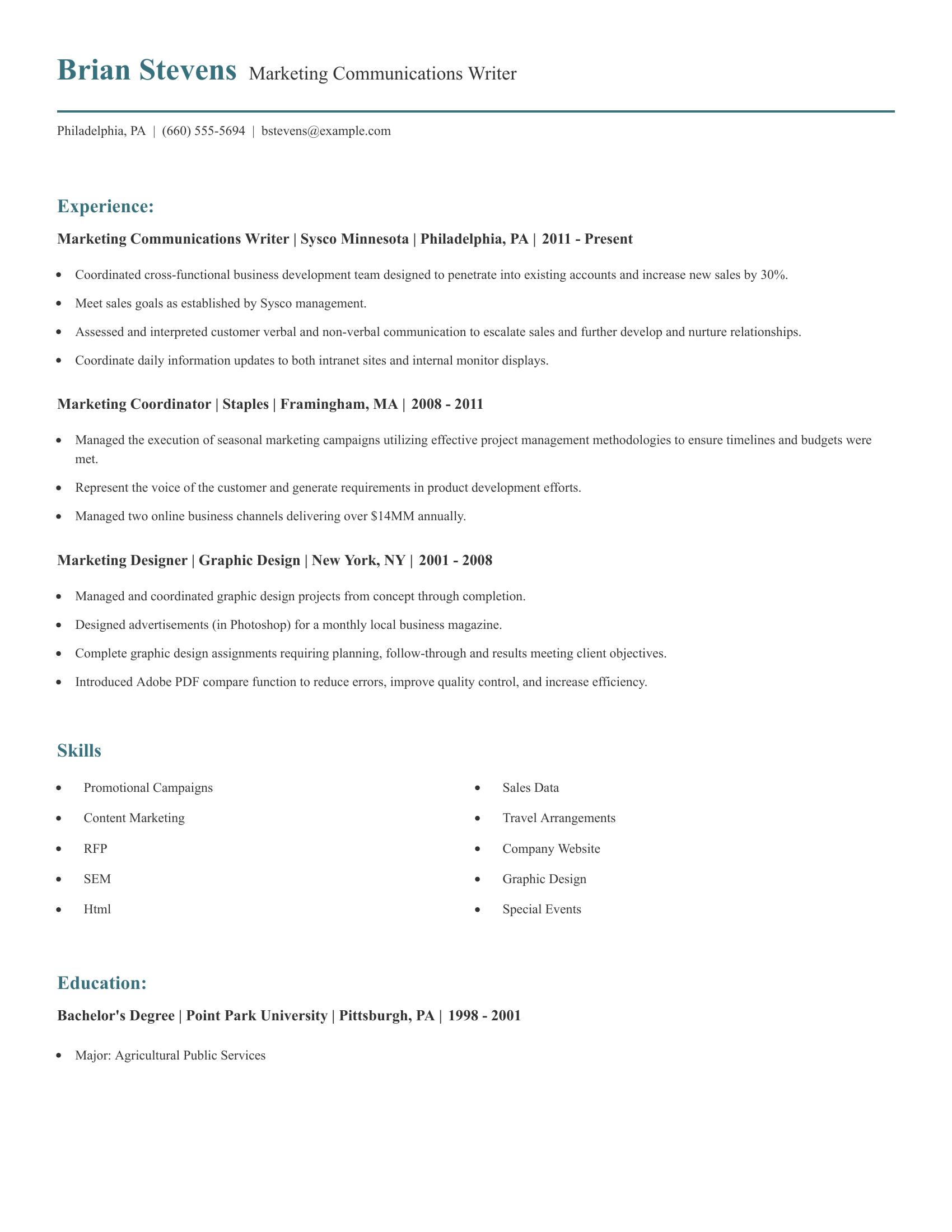 Marketing Communications Writer resume example