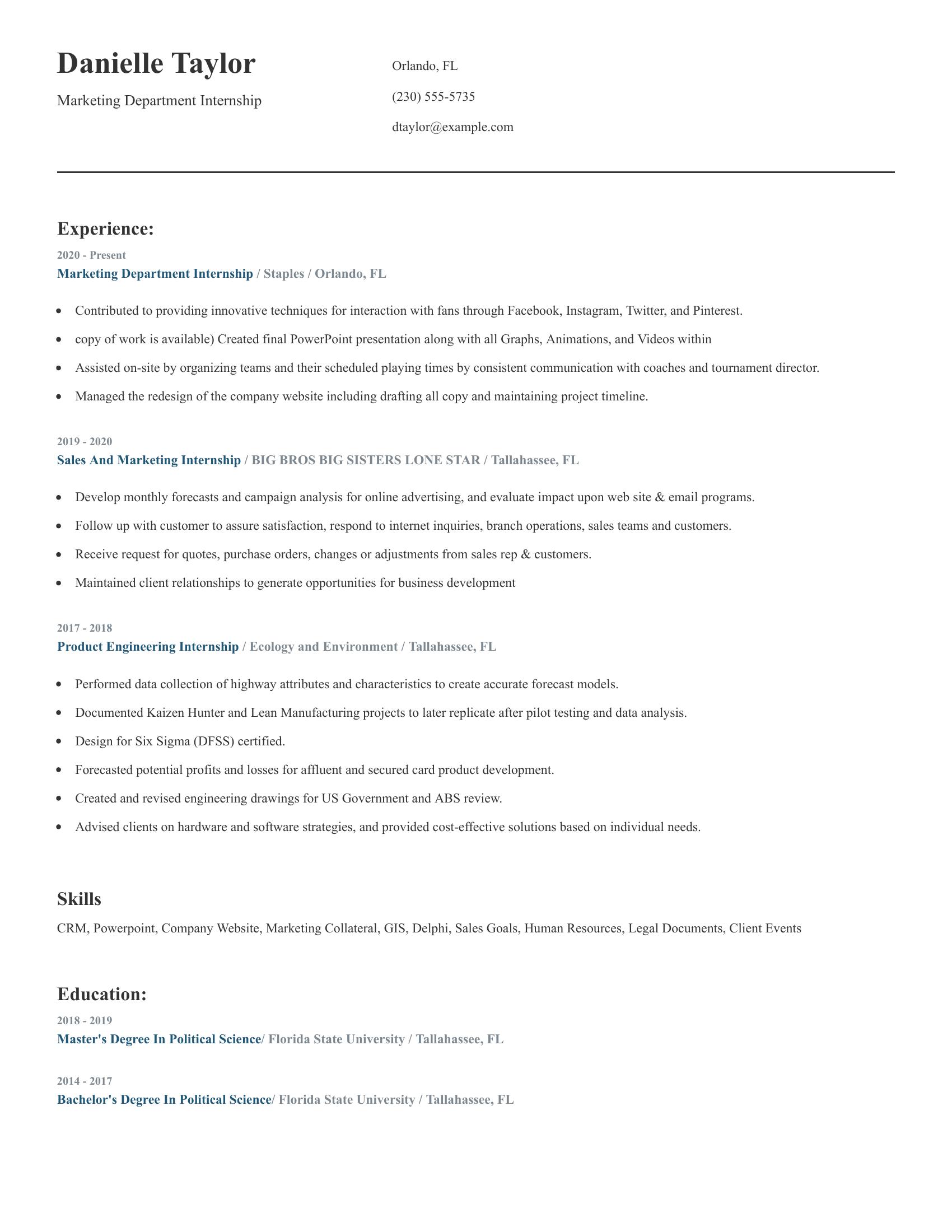 Marketing Department Internship resume example