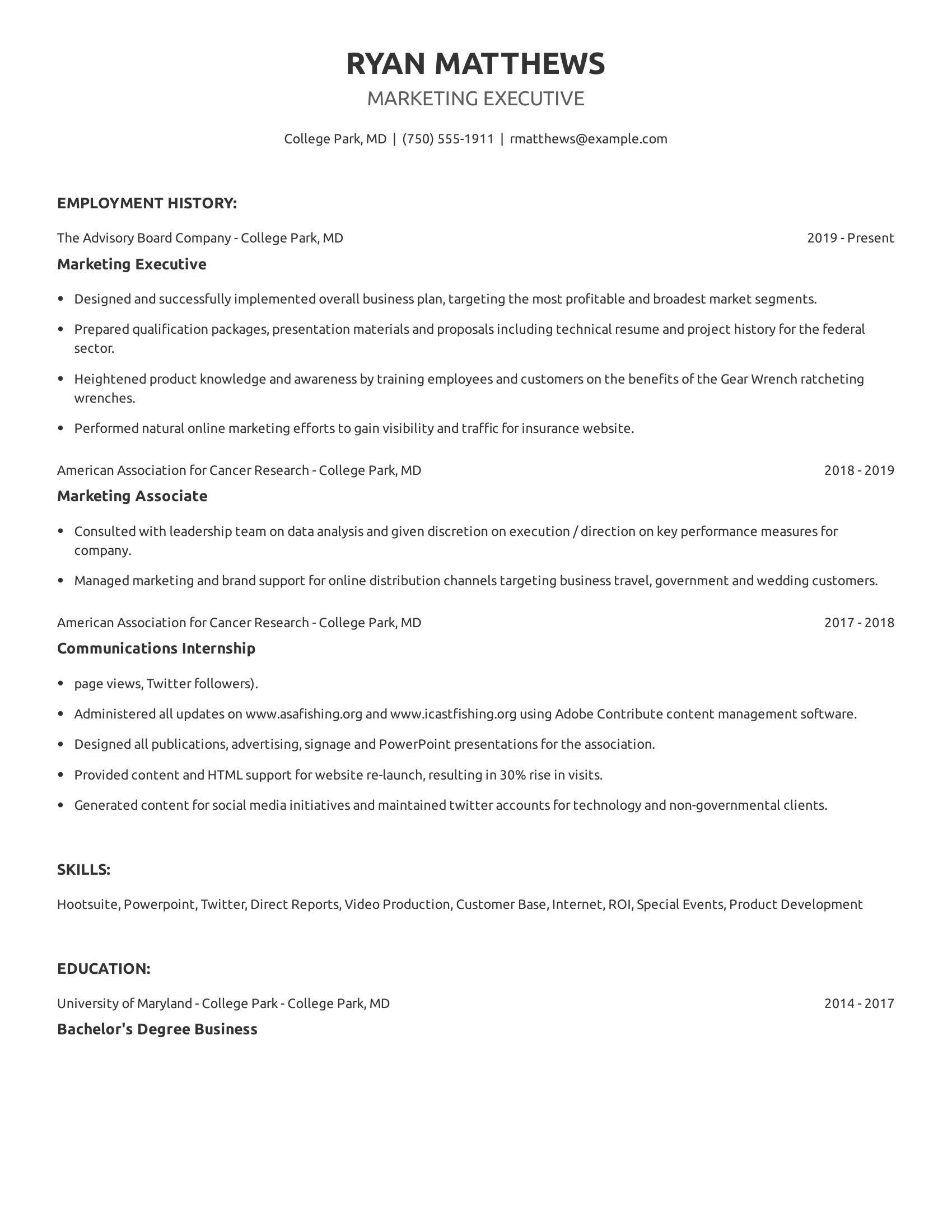 Marketing Executive resume example