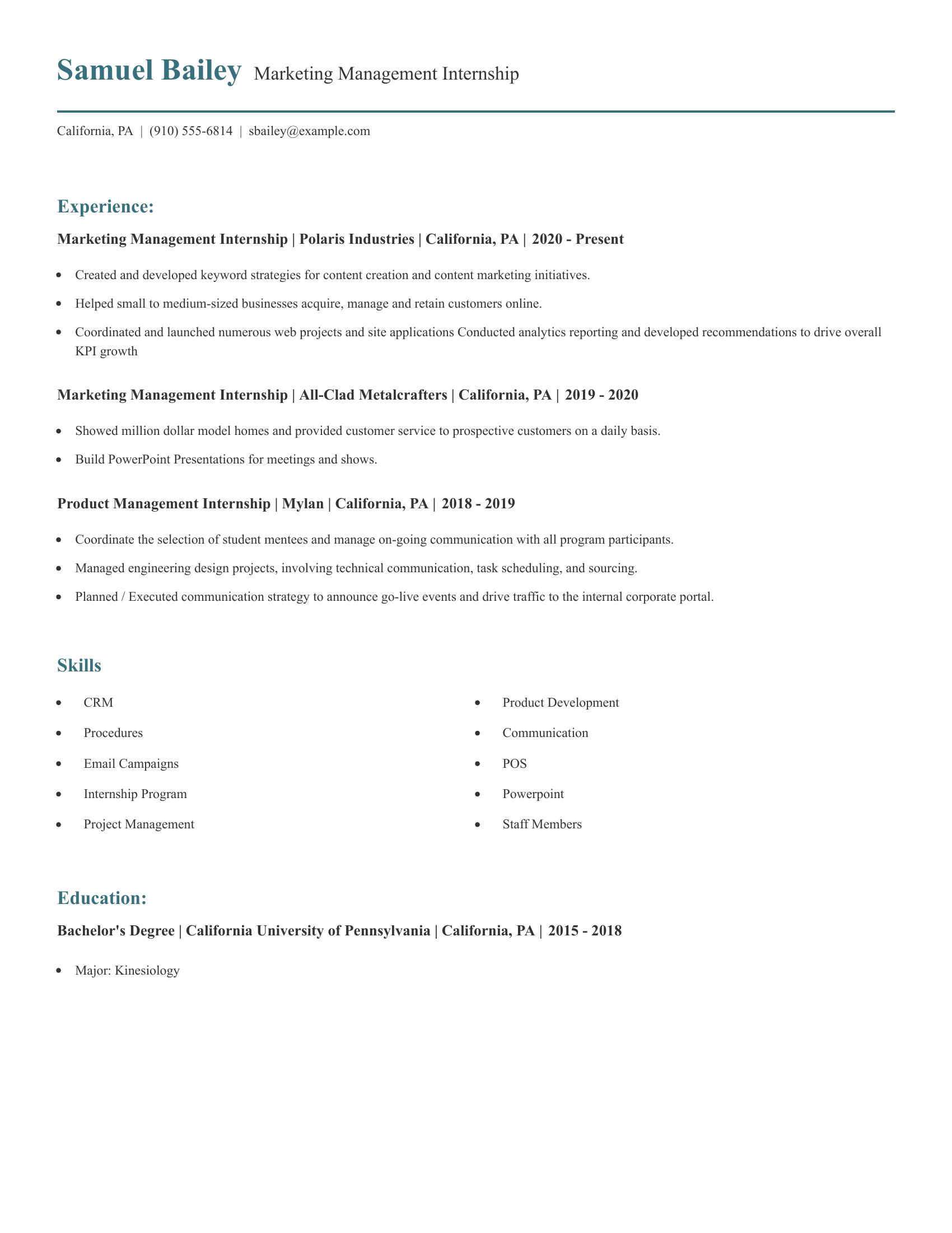 Marketing Management Internship resume example