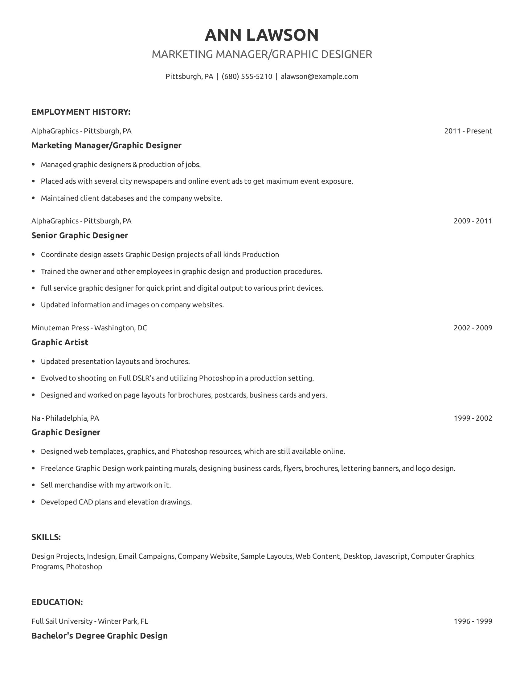 Marketing Manager/Graphic Designer resume example