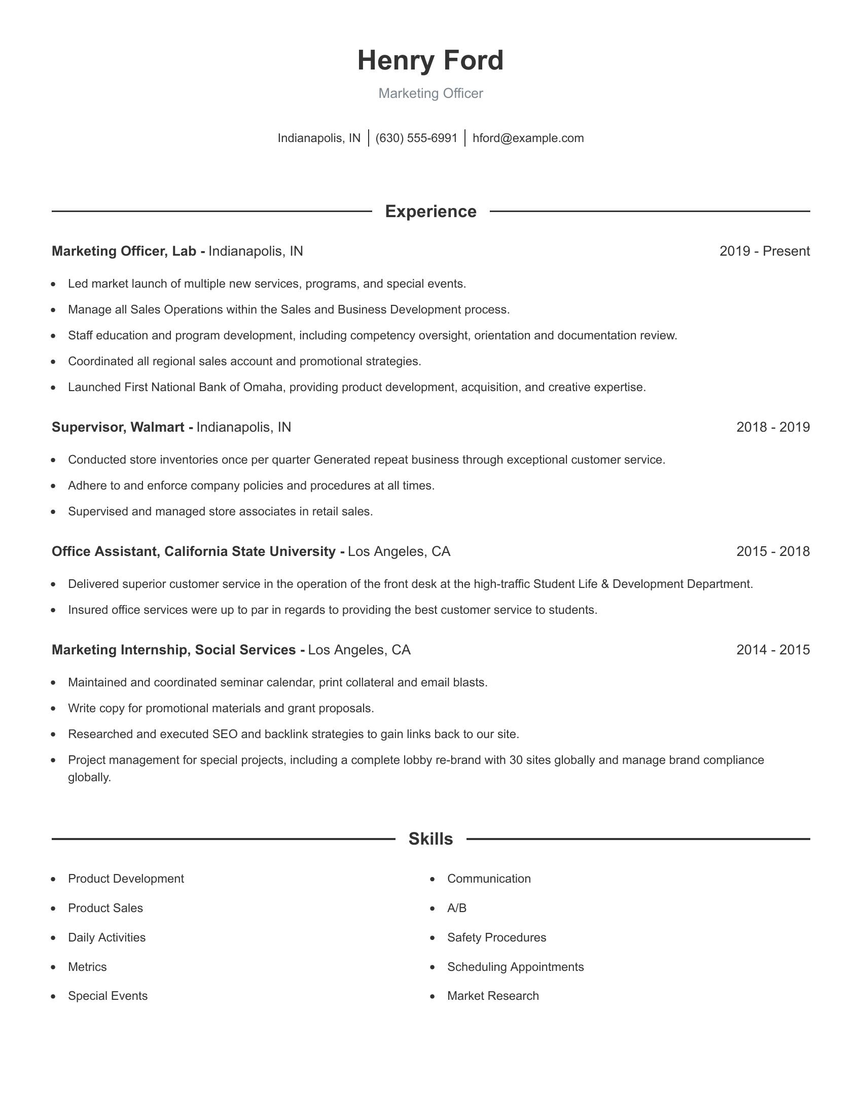 Marketing Officer resume example