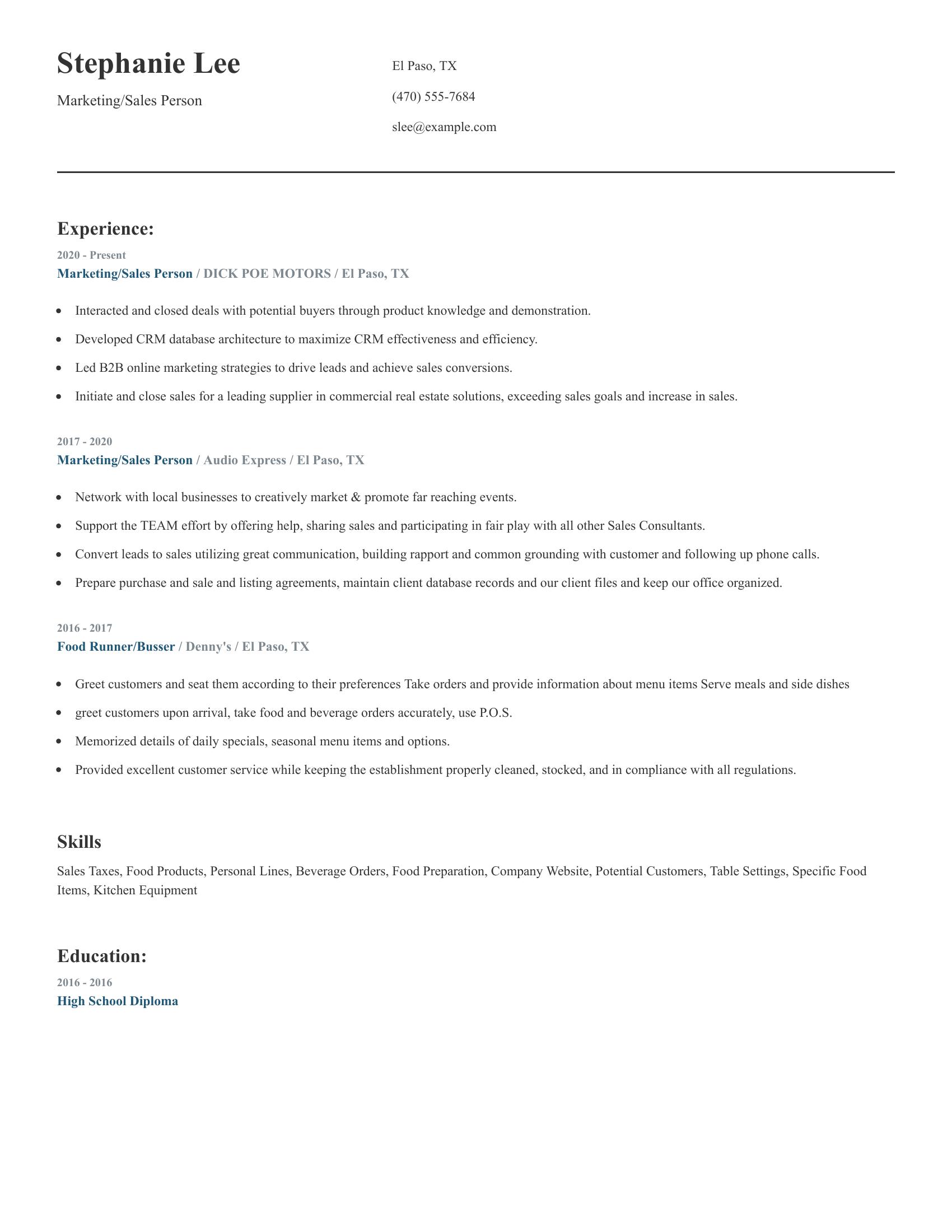 Marketing/Sales Person resume example