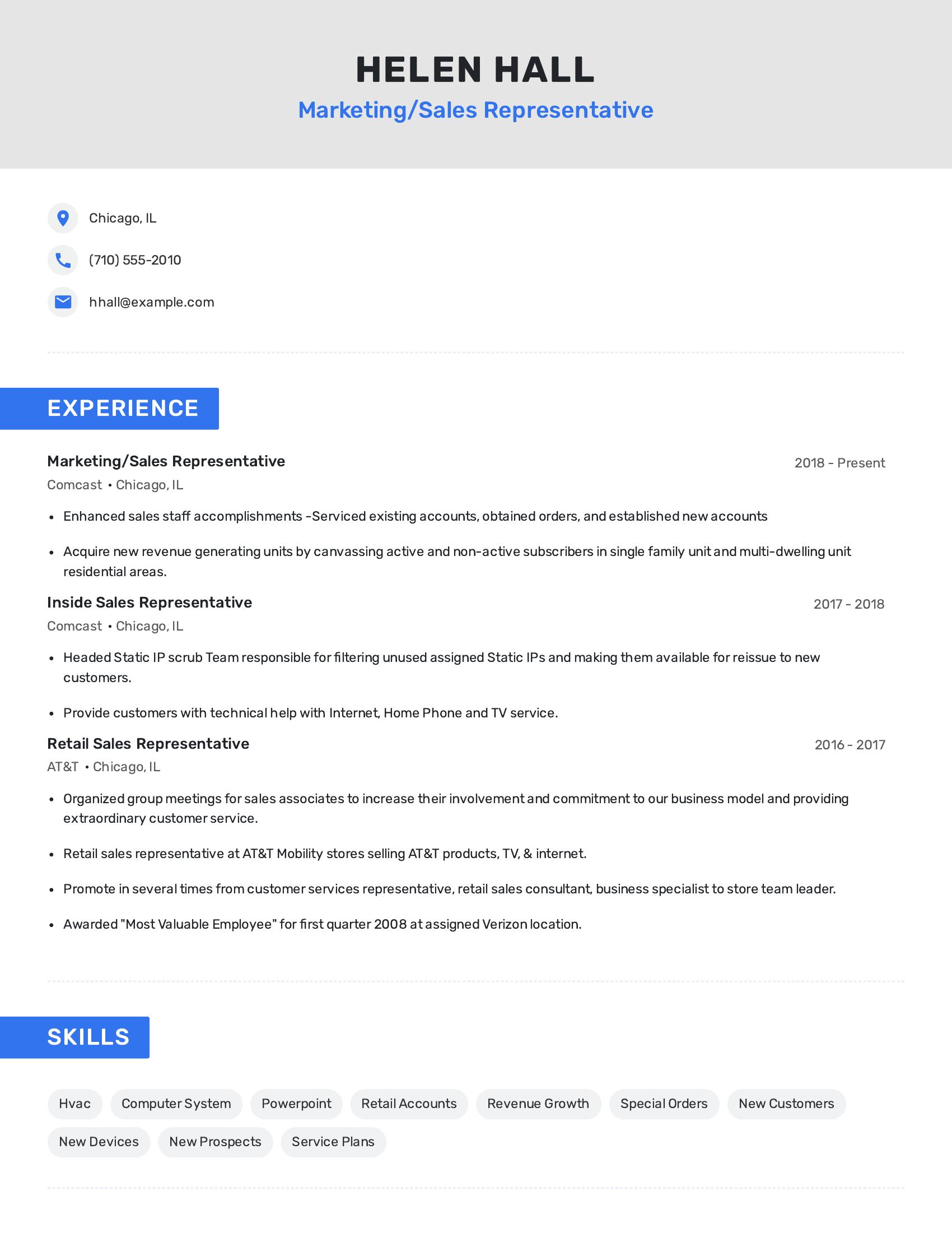 Marketing/Sales Representative resume example