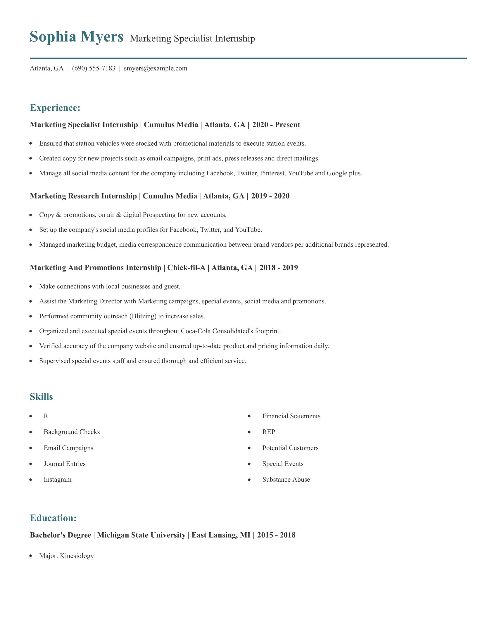 Marketing Specialist Internship resume example