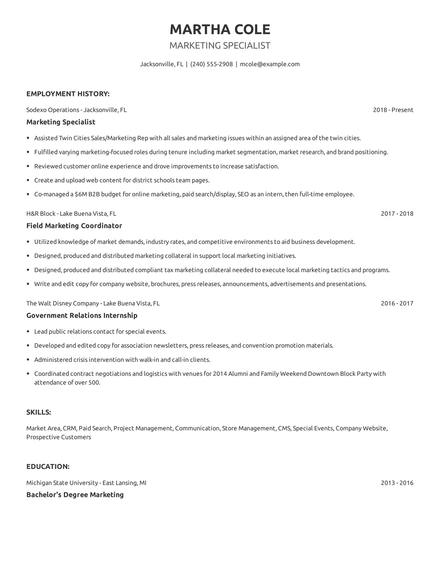 Marketing Specialist resume example