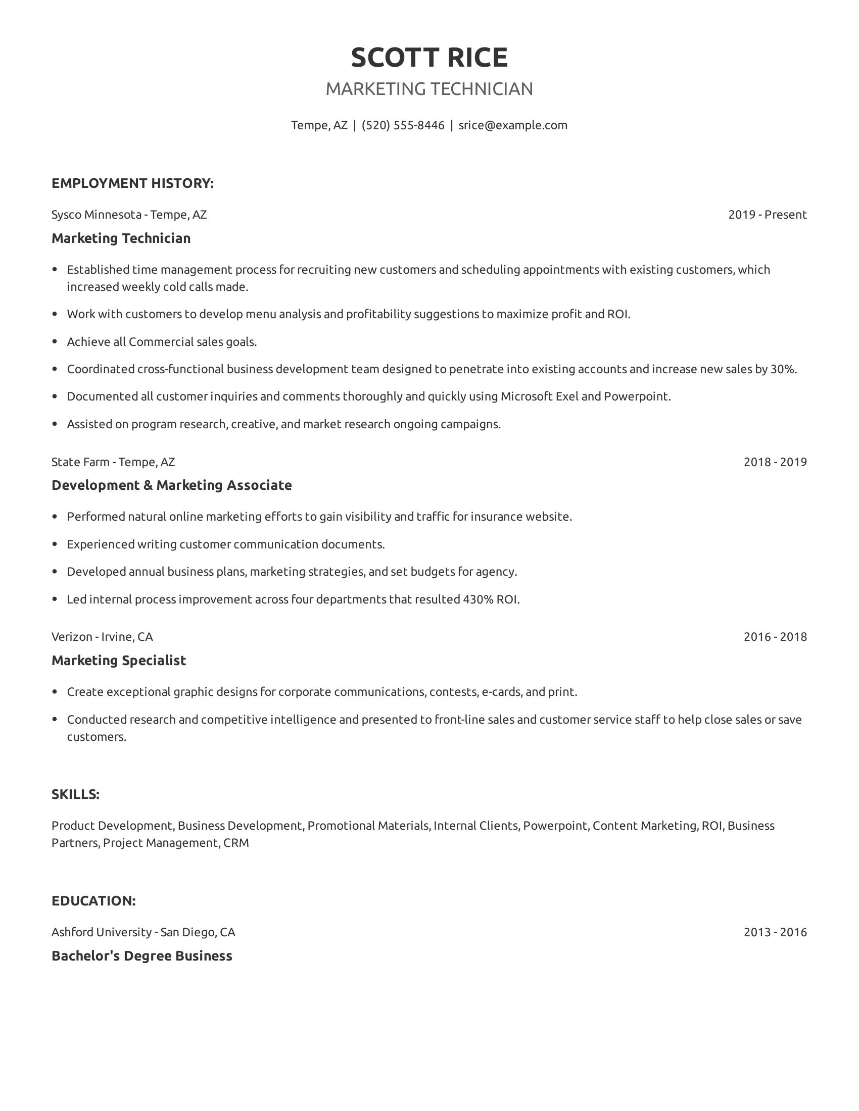 Marketing Technician resume example